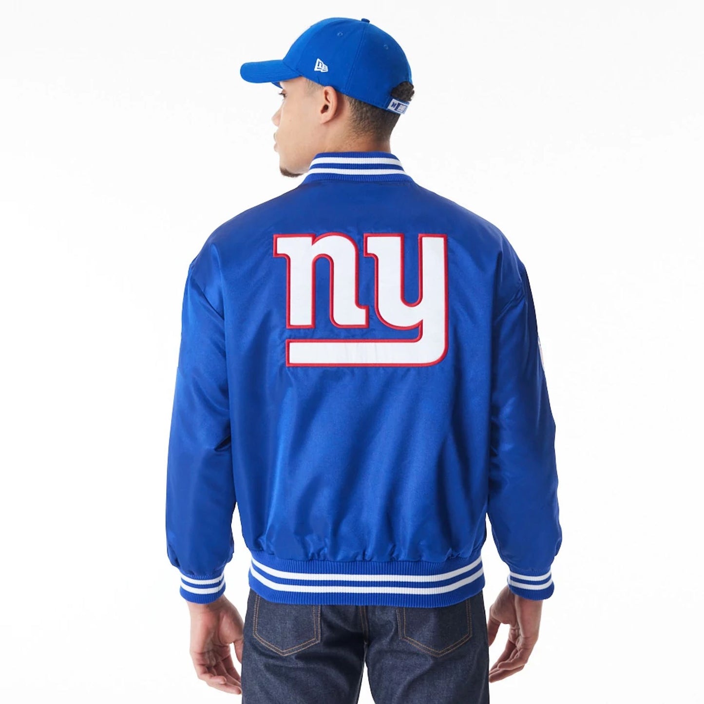 The Male model is wearing New York Giants NFL Blue Satin Bomber Jacket  10