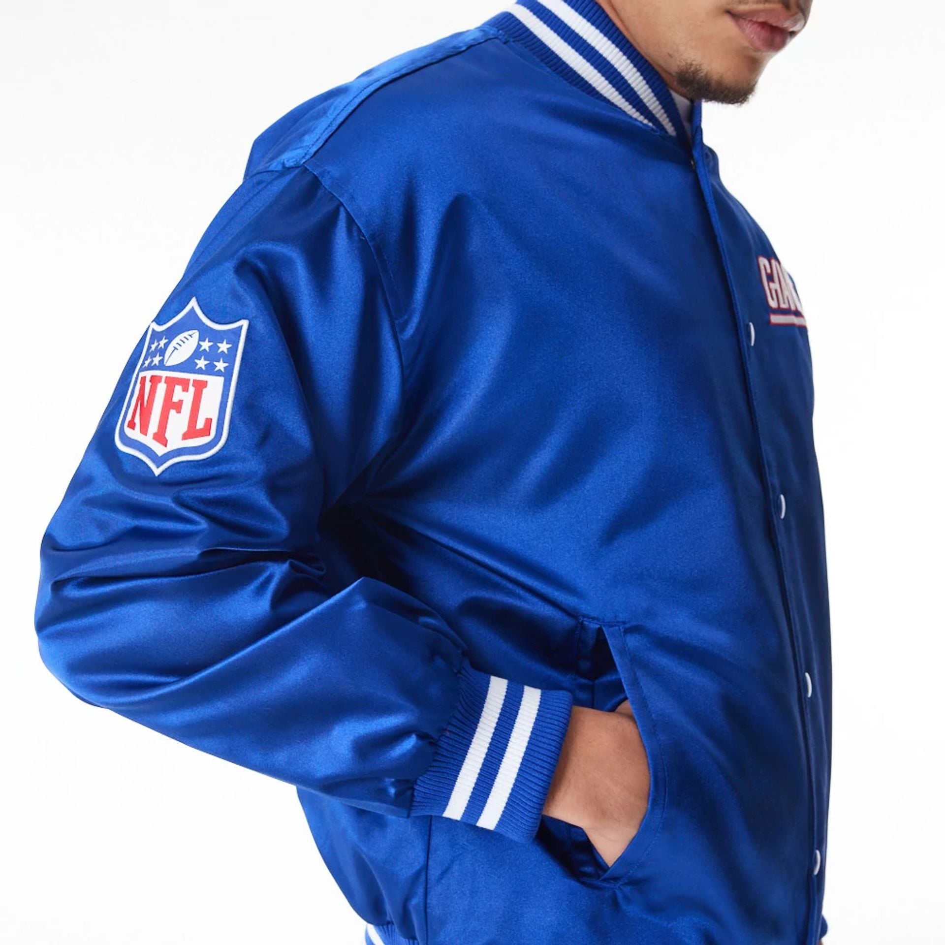 The Male model is wearing New York Giants NFL Blue Satin Bomber Jacket  8