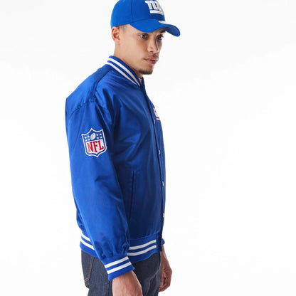 The Male model is wearing New York Giants NFL Blue Satin Bomber Jacket  5