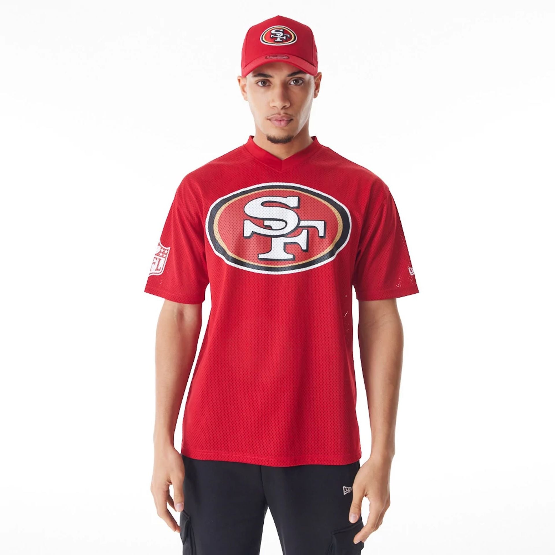 The Male model is wearing San Francisco 49ers NFL Mesh Red Jersey  1