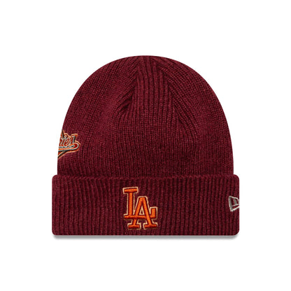 This is a LA Dodgers World Series Patch Dark Red Cuff Knit Beanie Hat 1