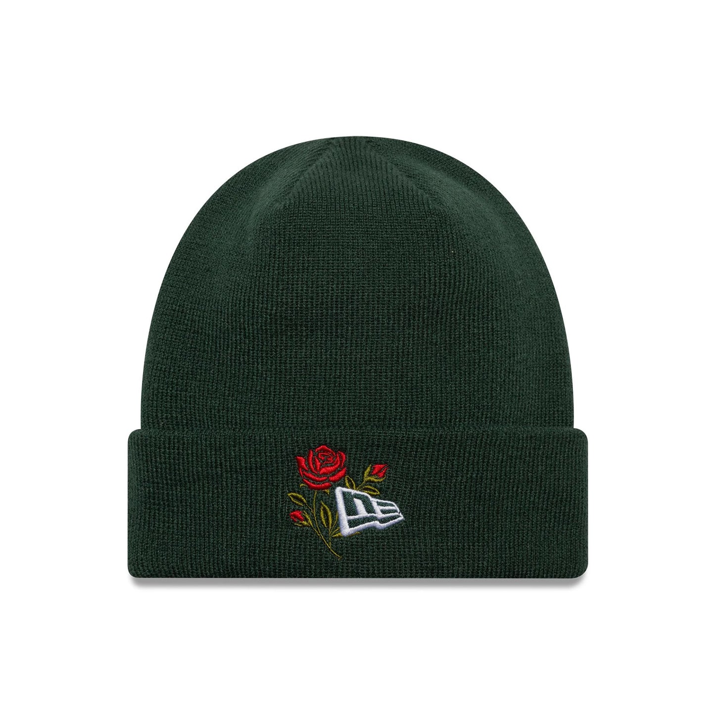 This is a  New Era Rose Icon Dark Green Cuff Knit Beanie Hat 1