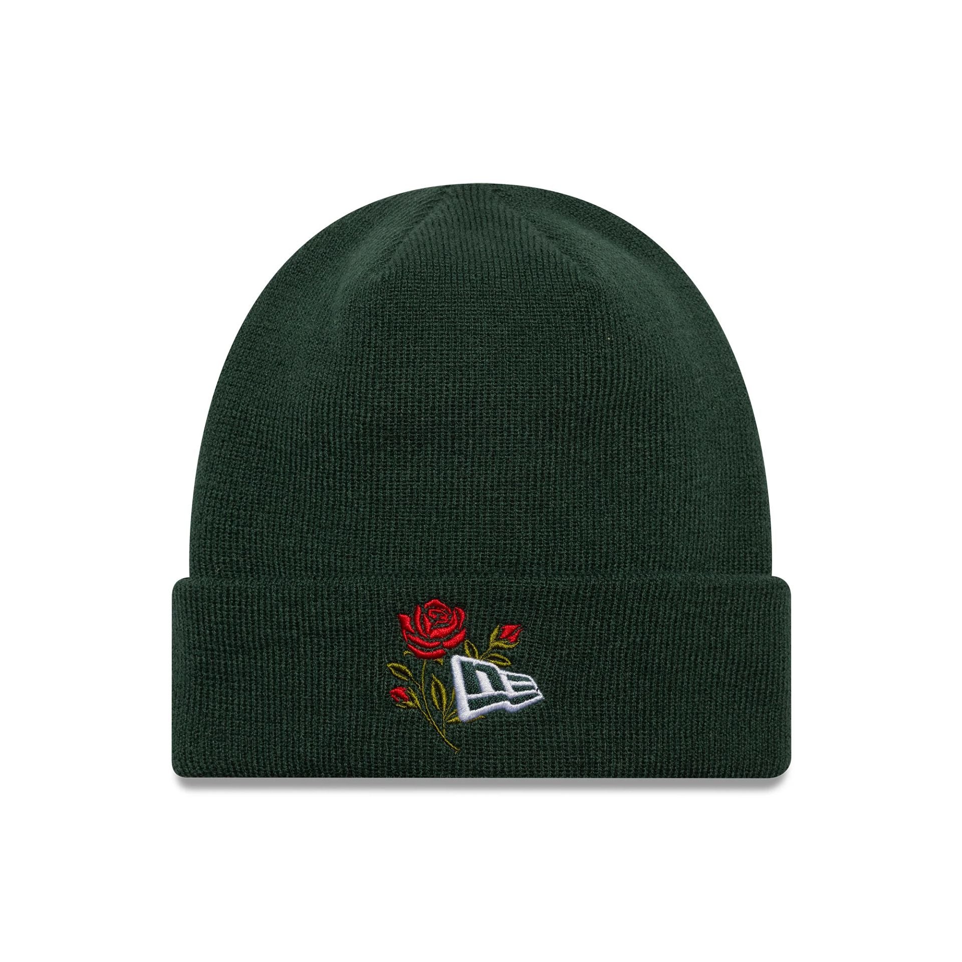 This is a  New Era Rose Icon Dark Green Cuff Knit Beanie Hat 1