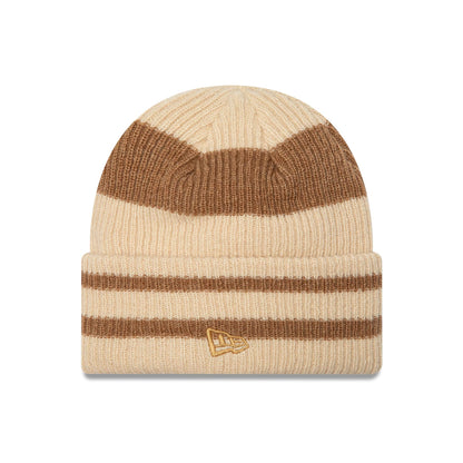 This is a  Womens New Era Stripe Beige Cuff Knit Beanie Hat 1