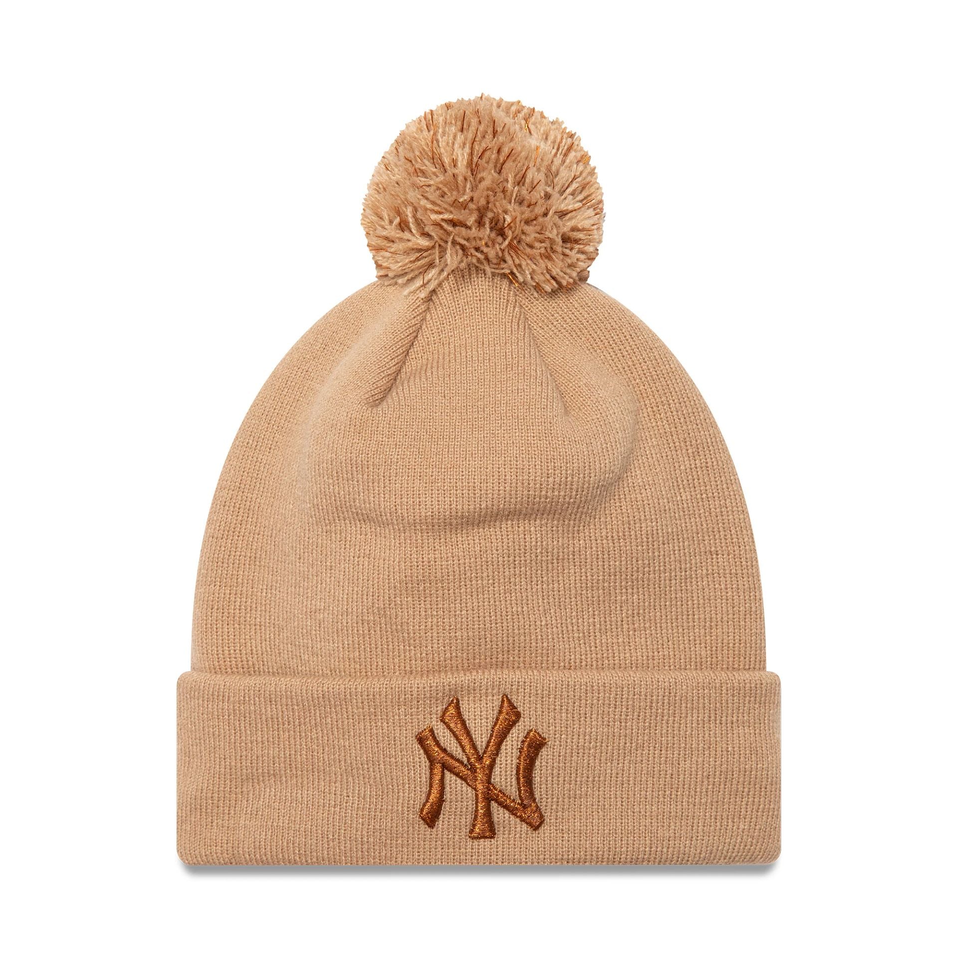 This is a New York Yankees Womens Metallic Beige Bobble Knit Beanie Hat 1