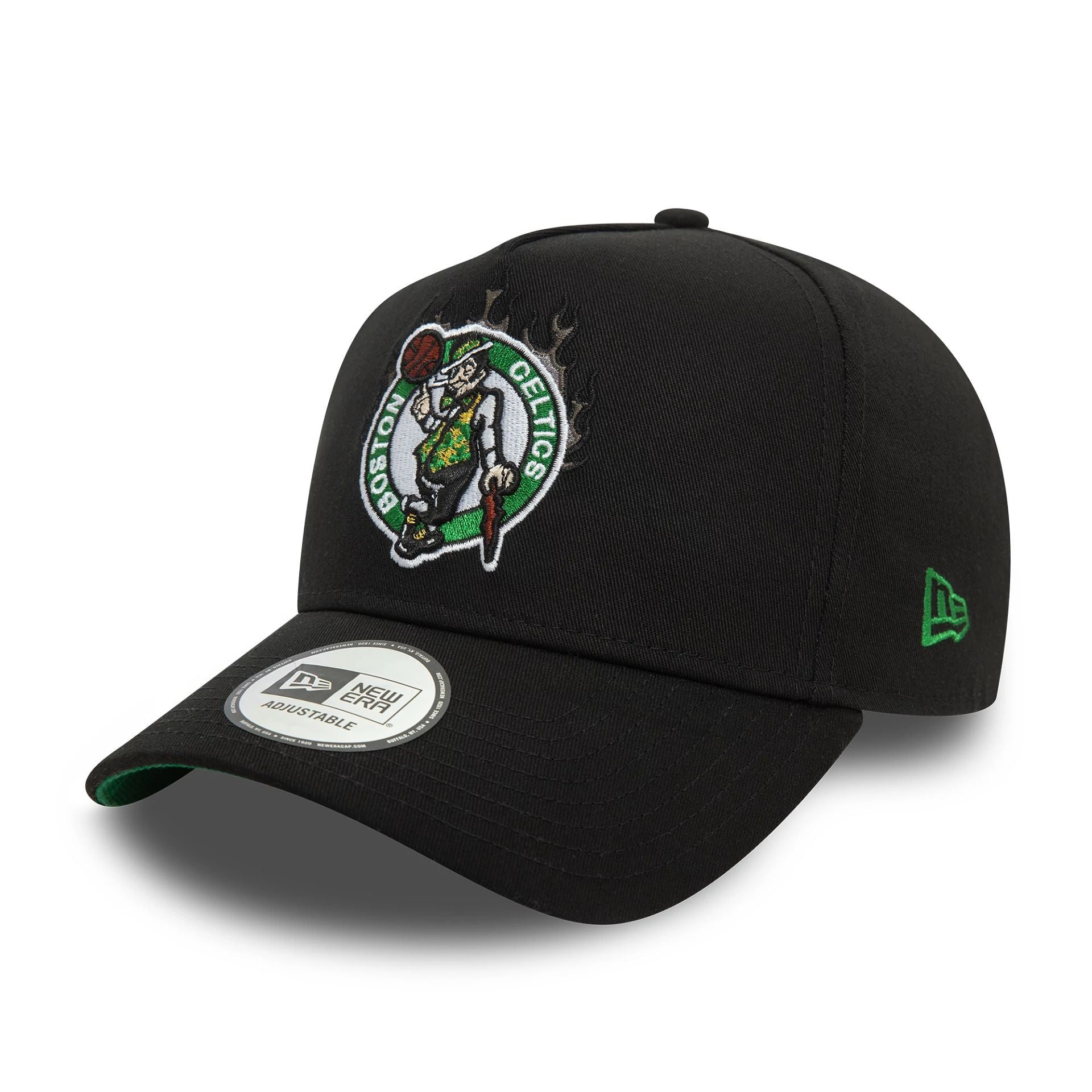 This is a Boston Celtics NBA Flame Black 9FORTY E-Frame Trucker Cap 1