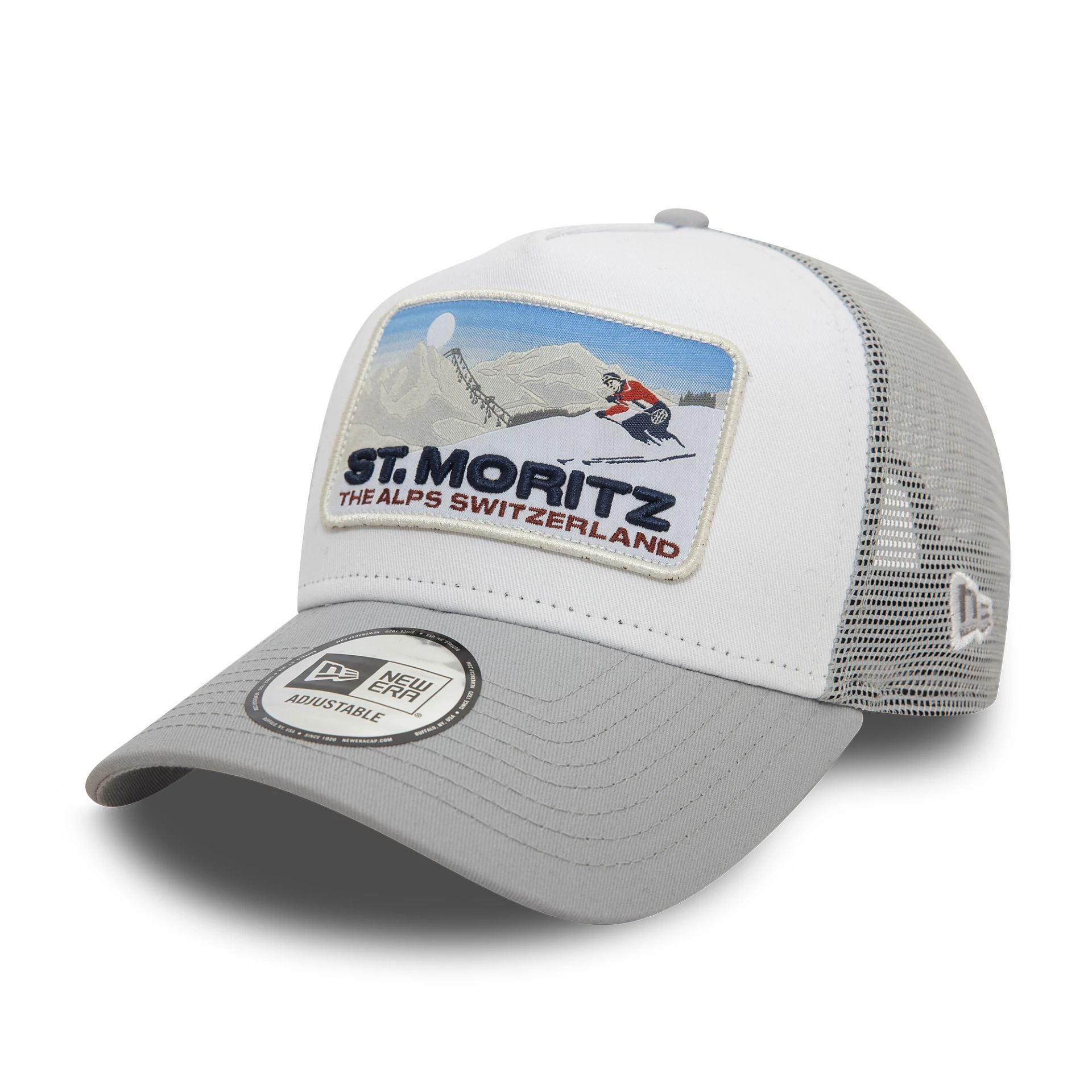 This is a  New Era St. Moritz Ski Patch Grey 9FORTY A-Frame Trucker Cap 1