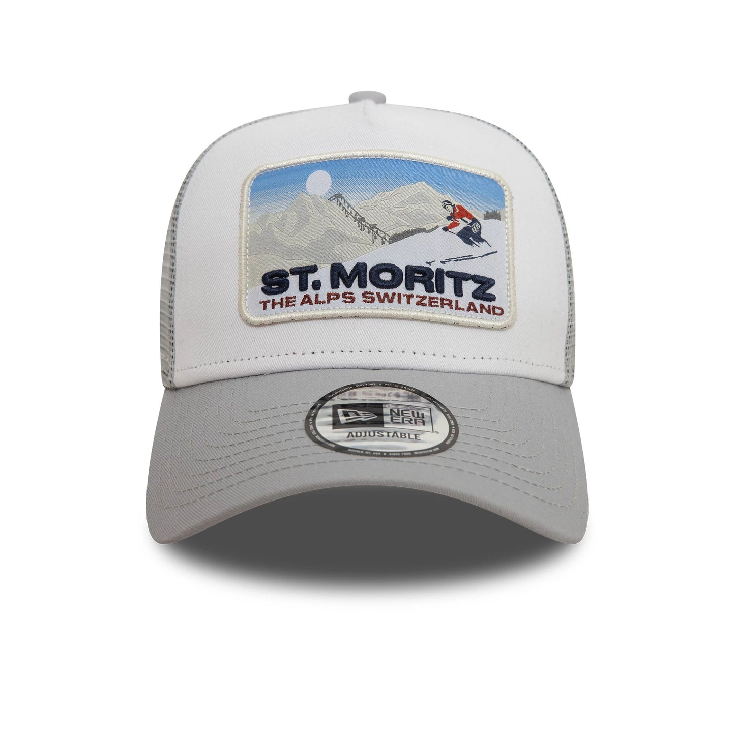 This is a  New Era St. Moritz Ski Patch Grey 9FORTY A-Frame Trucker Cap 2