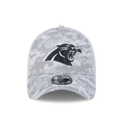 This is a Carolina Panthers NFL Salute To Service 2024 White 39THIRTY Stretch Fit Cap 3