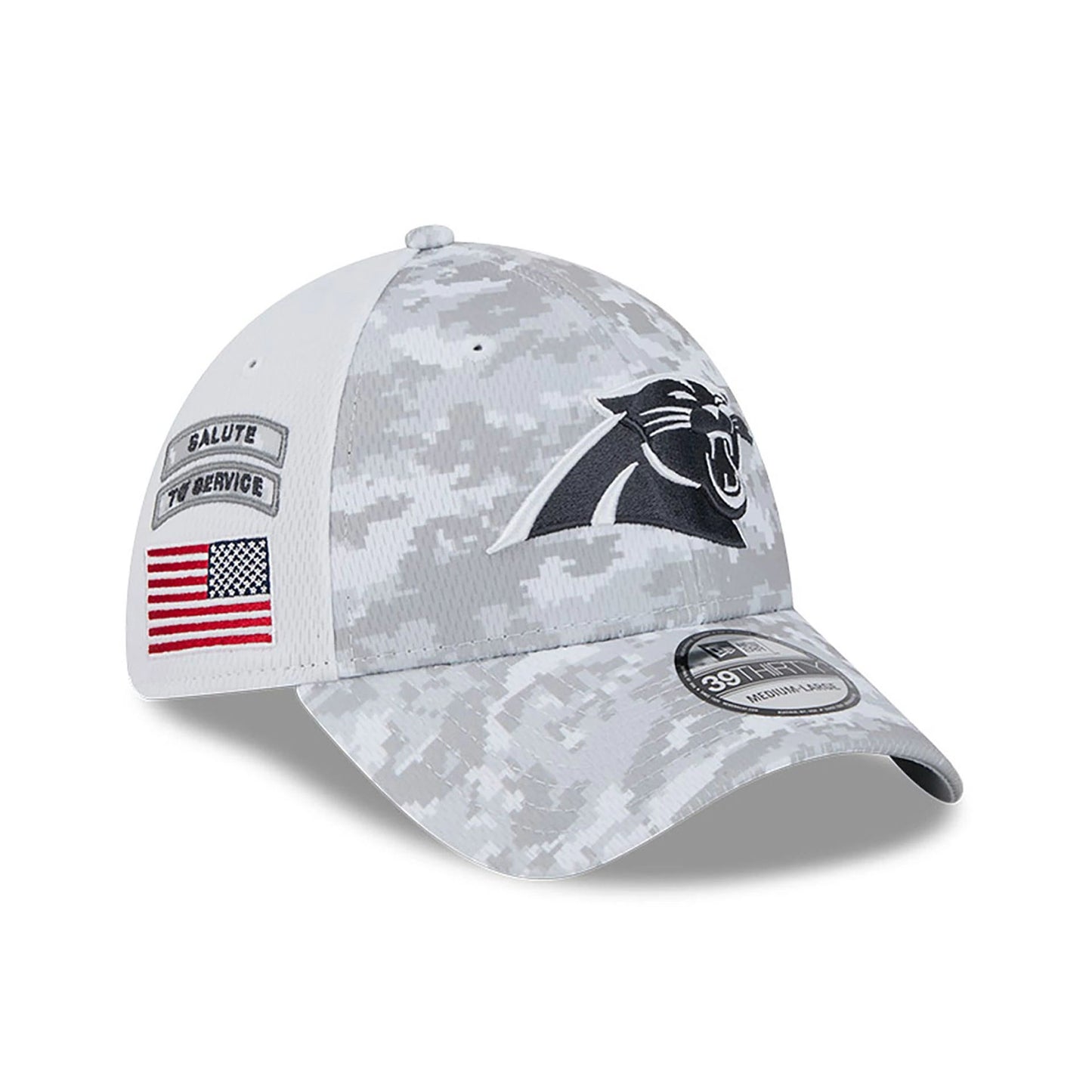 This is a Carolina Panthers NFL Salute To Service 2024 White 39THIRTY Stretch Fit Cap 1