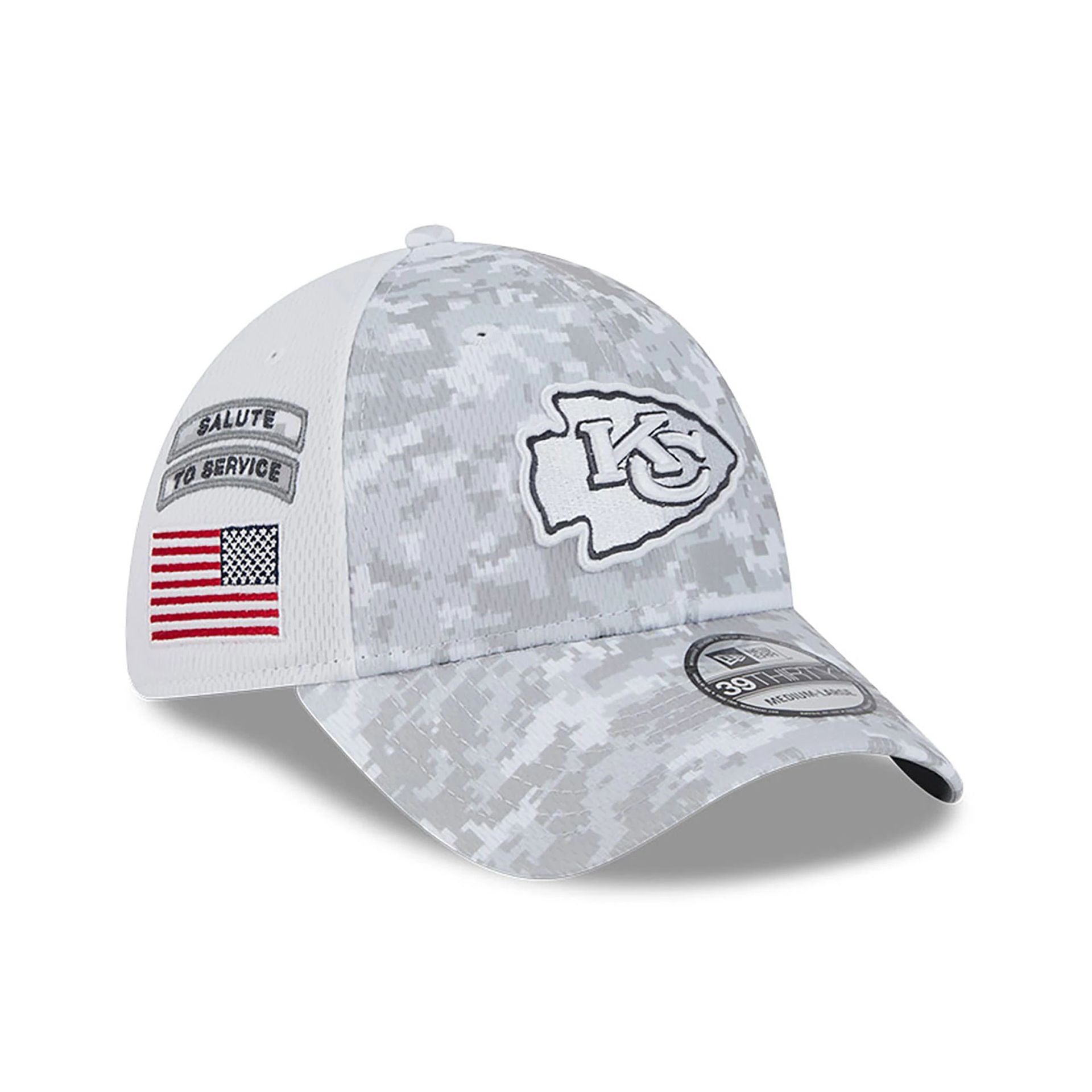 This is a Kansas City Chiefs NFL Salute To Service 2024 White 39THIRTY Stretch Fit Cap 1