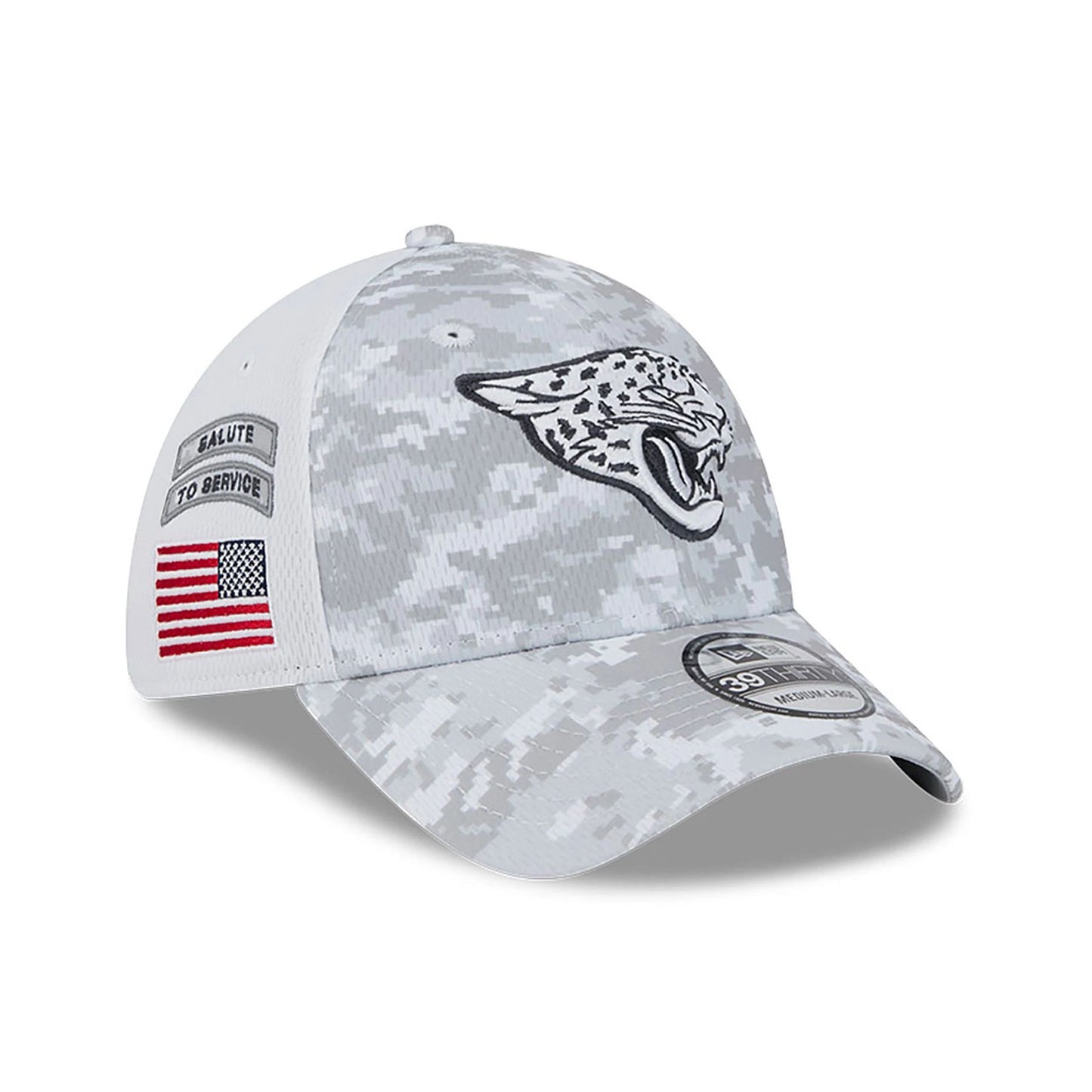 This is a Jacksonville Jaguars NFL Salute To Service 2024 White 39THIRTY Stretch Fit Cap 1