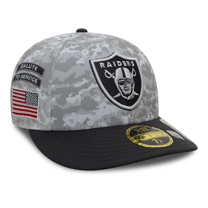 This is a Las Vegas Raiders NFL Salute To Service 2024 Charcoal Low Profile 59FIFTY Fitted Cap 1