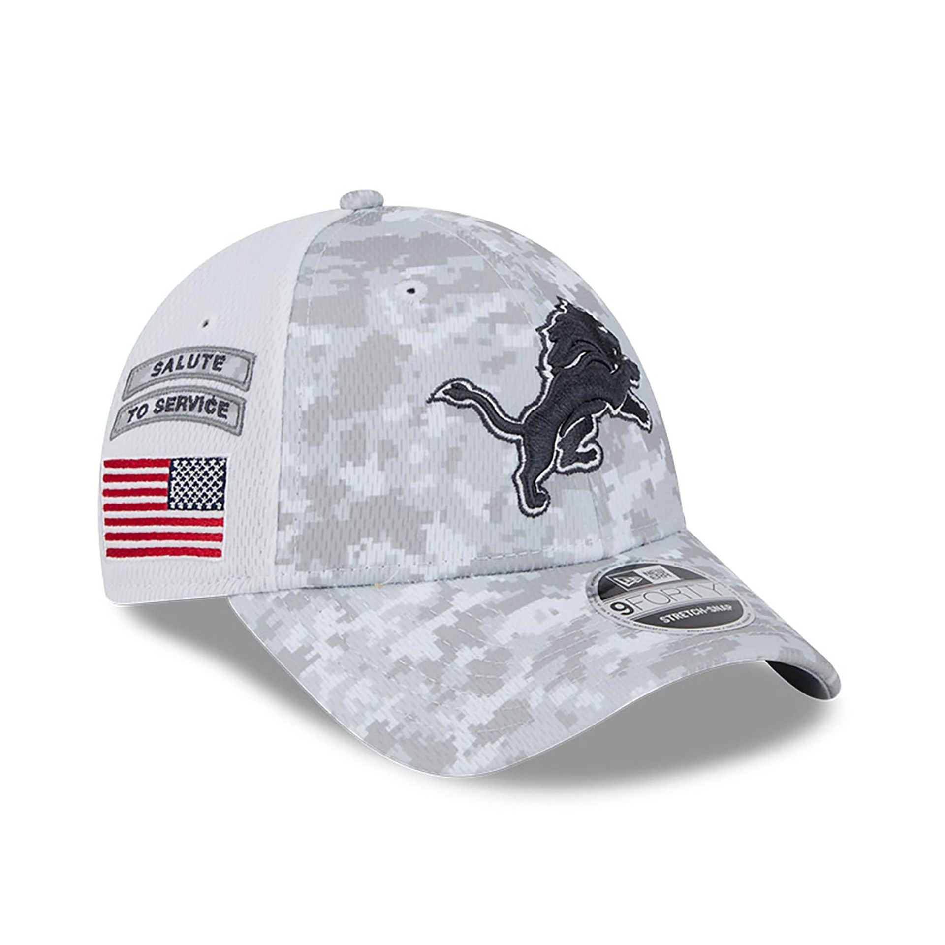 This is a Detroit Lions NFL Salute To Service 2024 White 9FORTY Stretch Snap Adjustable Cap 1