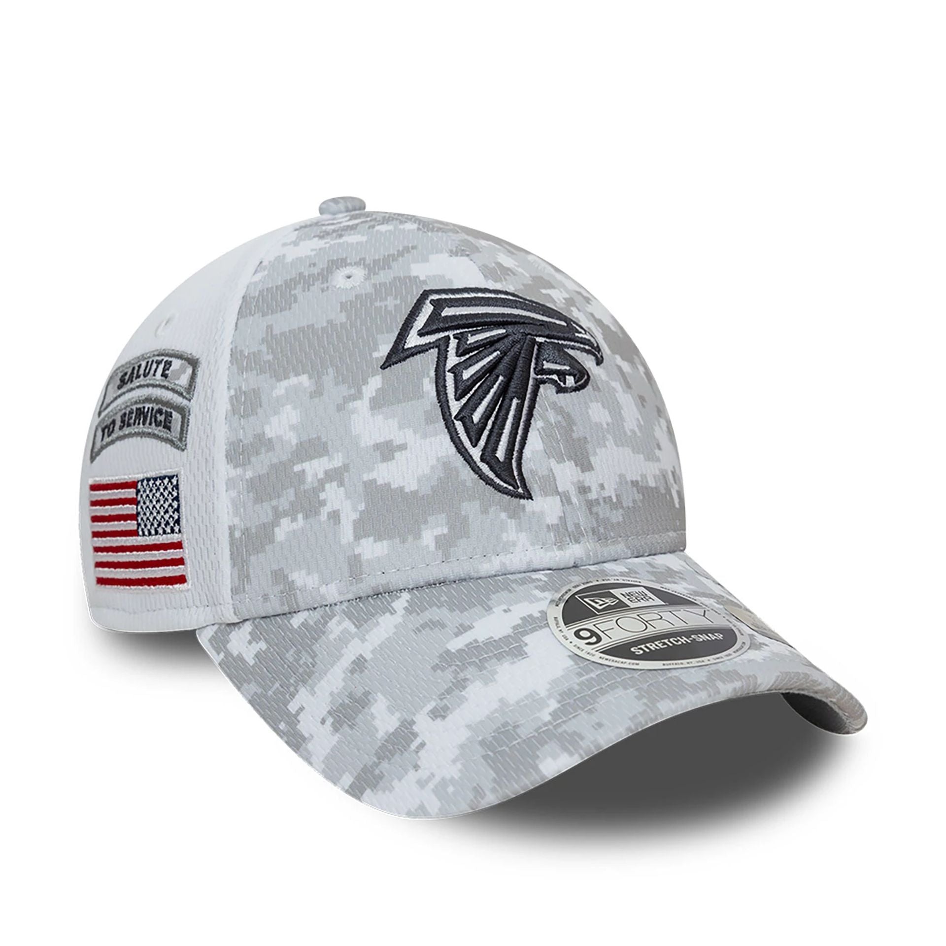 This is a Atlanta Falcons NFL Salute To Service 2024 White 9FORTY Stretch Snap Adjustable Cap 1