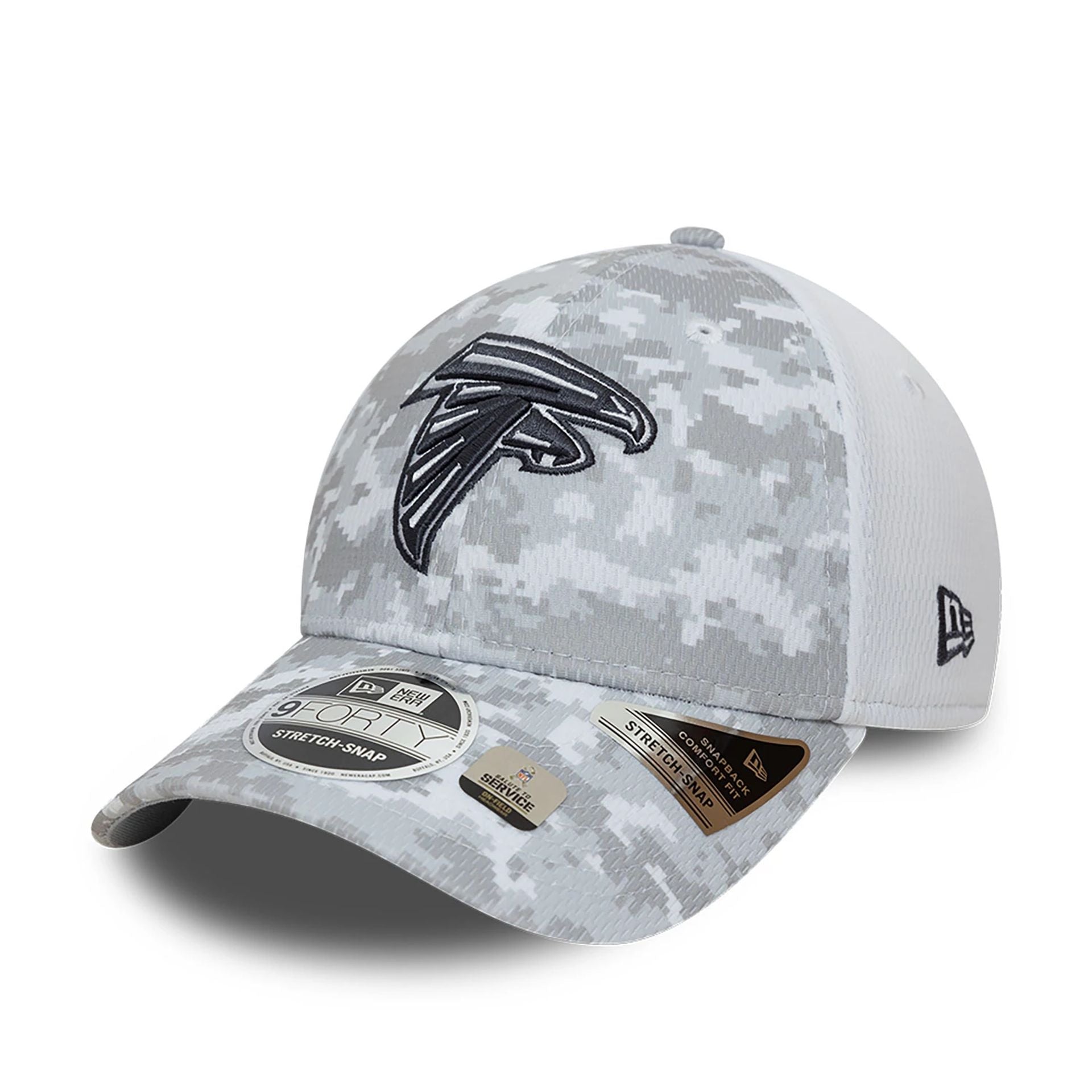 This is a Atlanta Falcons NFL Salute To Service 2024 White 9FORTY Stretch Snap Adjustable Cap 4