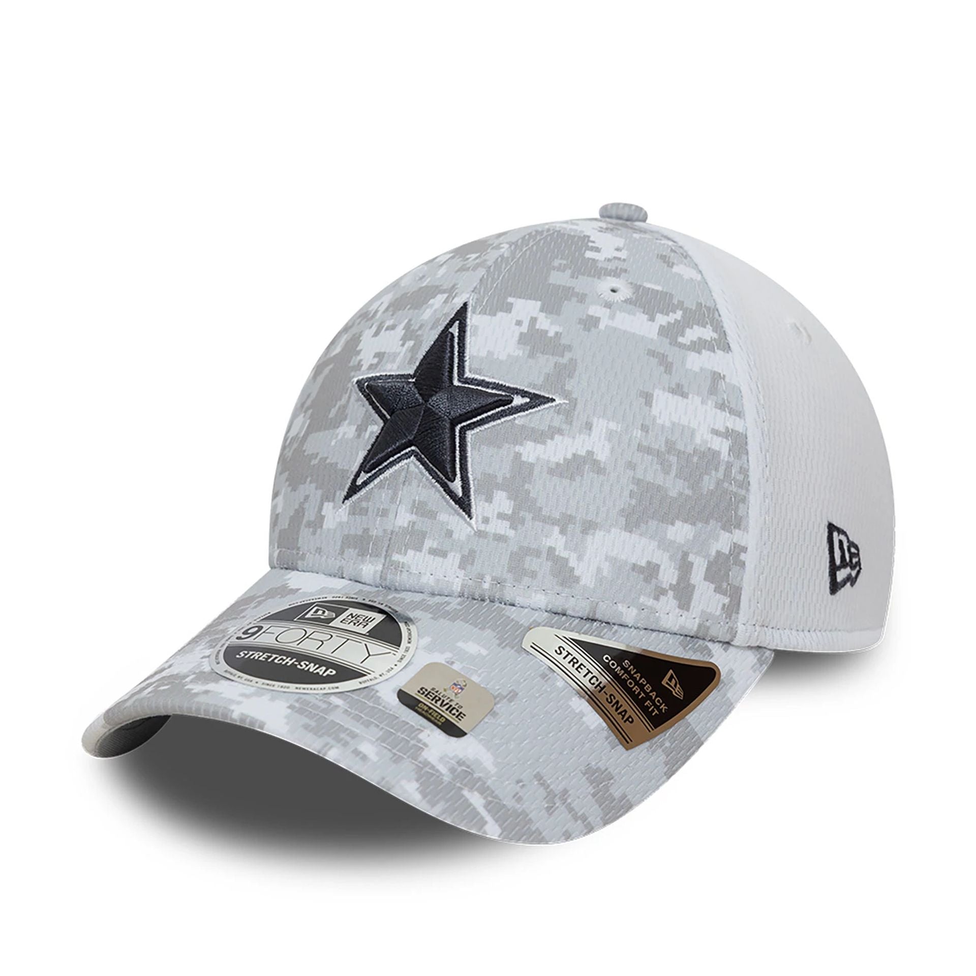 This is a Dallas Cowboys NFL Salute To Service 2024 White 9FORTY Stretch Snap Adjustable Cap 4