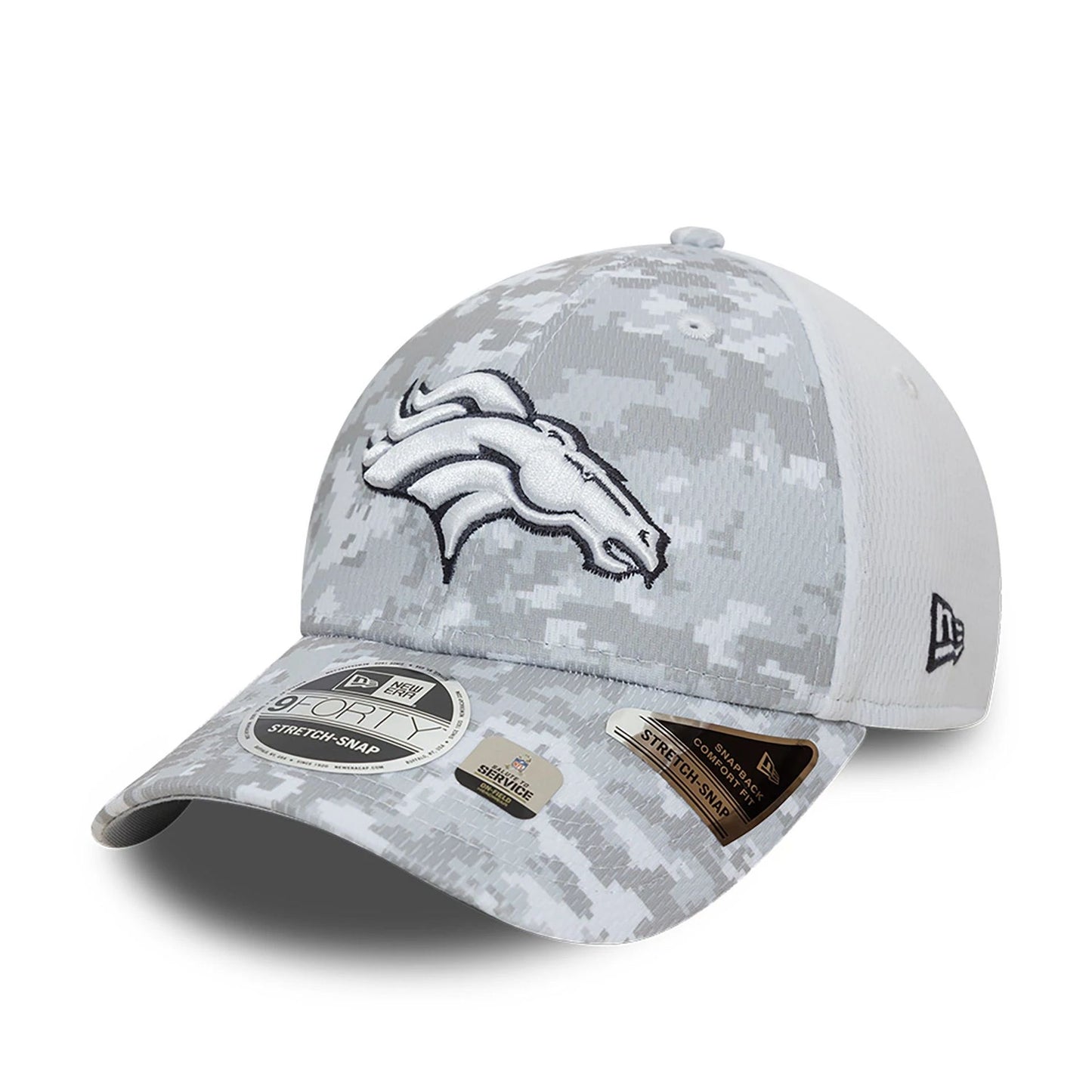 This is a Denver Broncos NFL Salute To Service 2024 White 9FORTY Stretch Snap Adjustable Cap 4