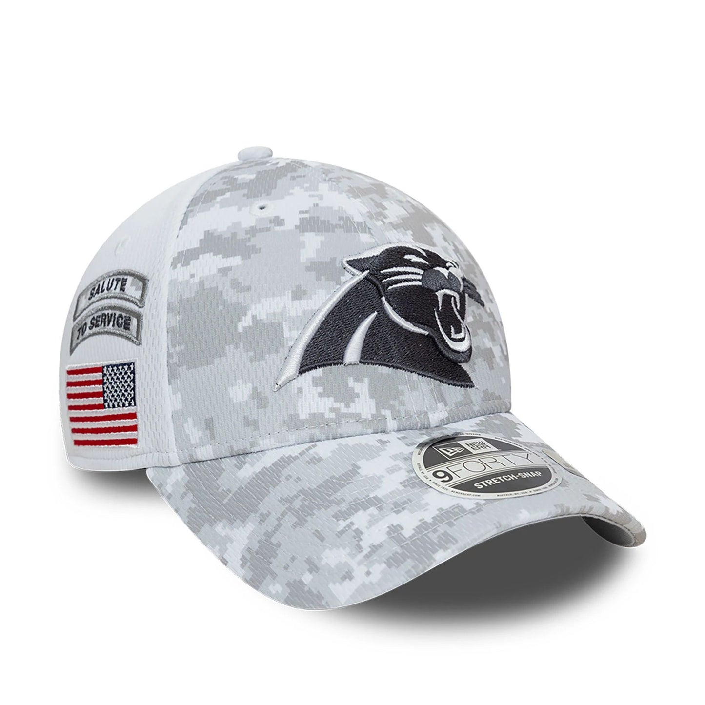 This is a Carolina Panthers NFL Salute To Service 2024 White 9FORTY Stretch Snap Adjustable Cap 1