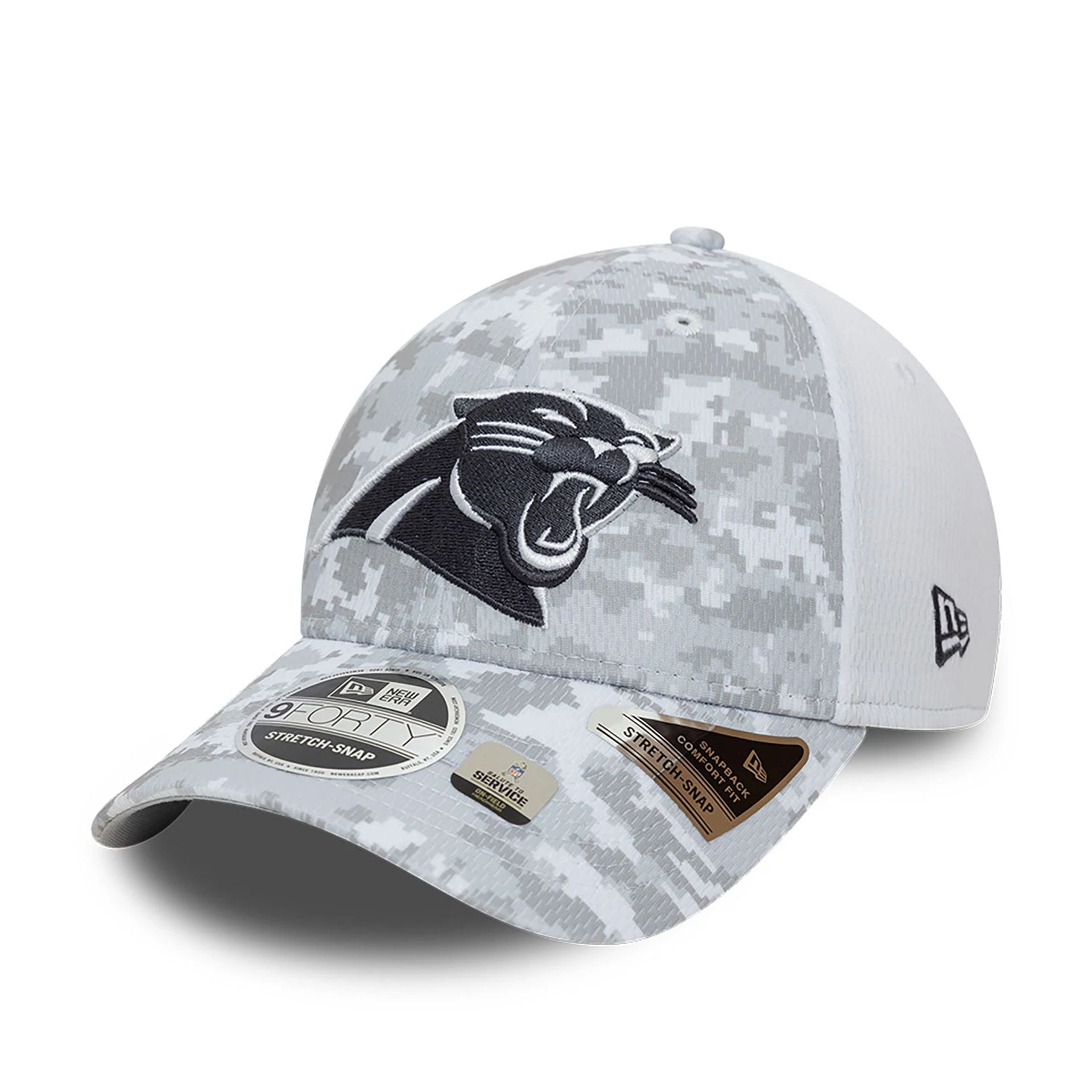 This is a Carolina Panthers NFL Salute To Service 2024 White 9FORTY Stretch Snap Adjustable Cap 4