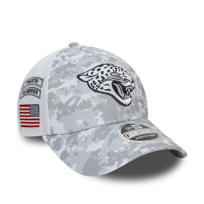 This is a Jacksonville Jaguars NFL Salute To Service 2024 White 9FORTY Stretch Snap Adjustable Cap 1