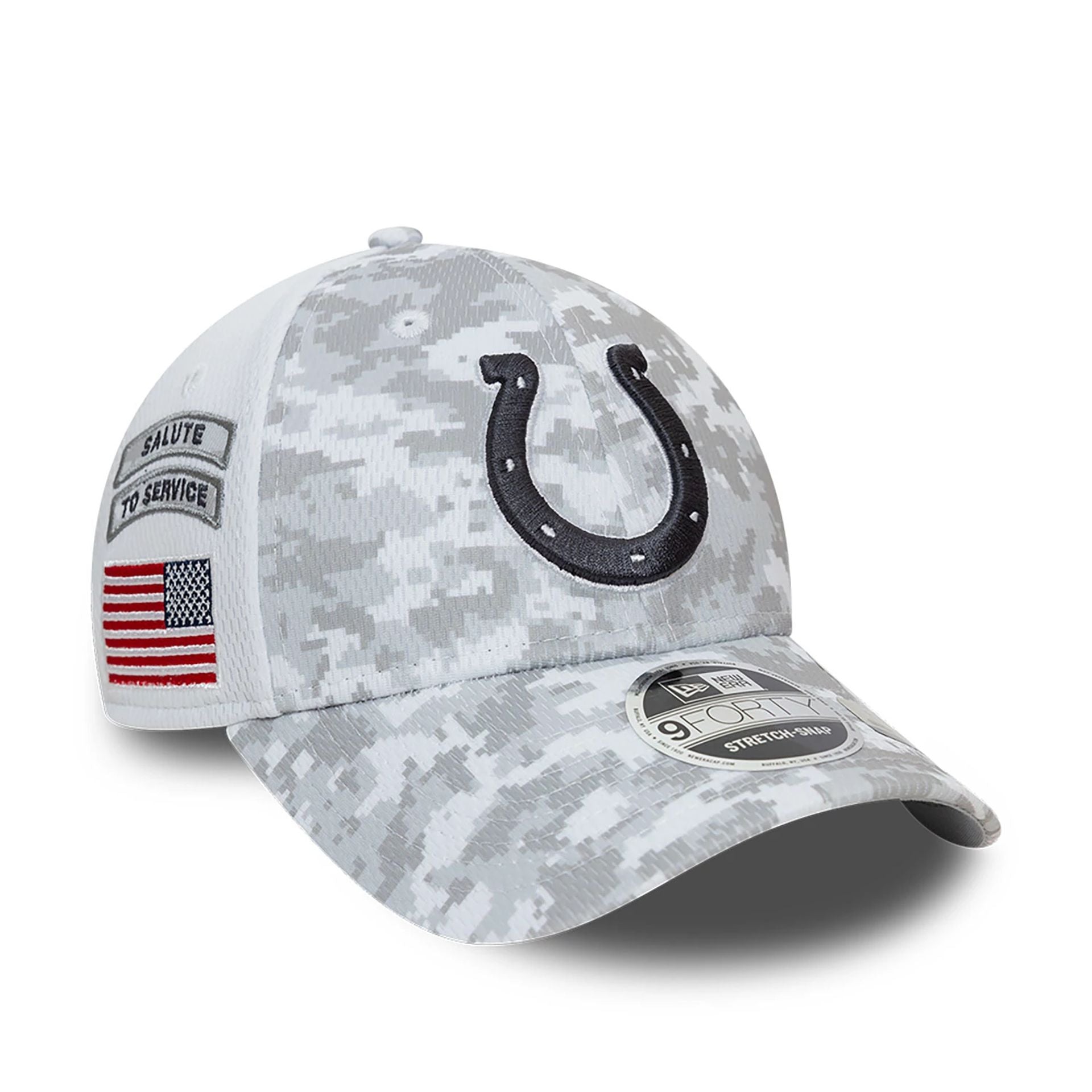 This is a Indianapolis Colts NFL Salute To Service 2024 White 9FORTY Stretch Snap Adjustable Cap 1