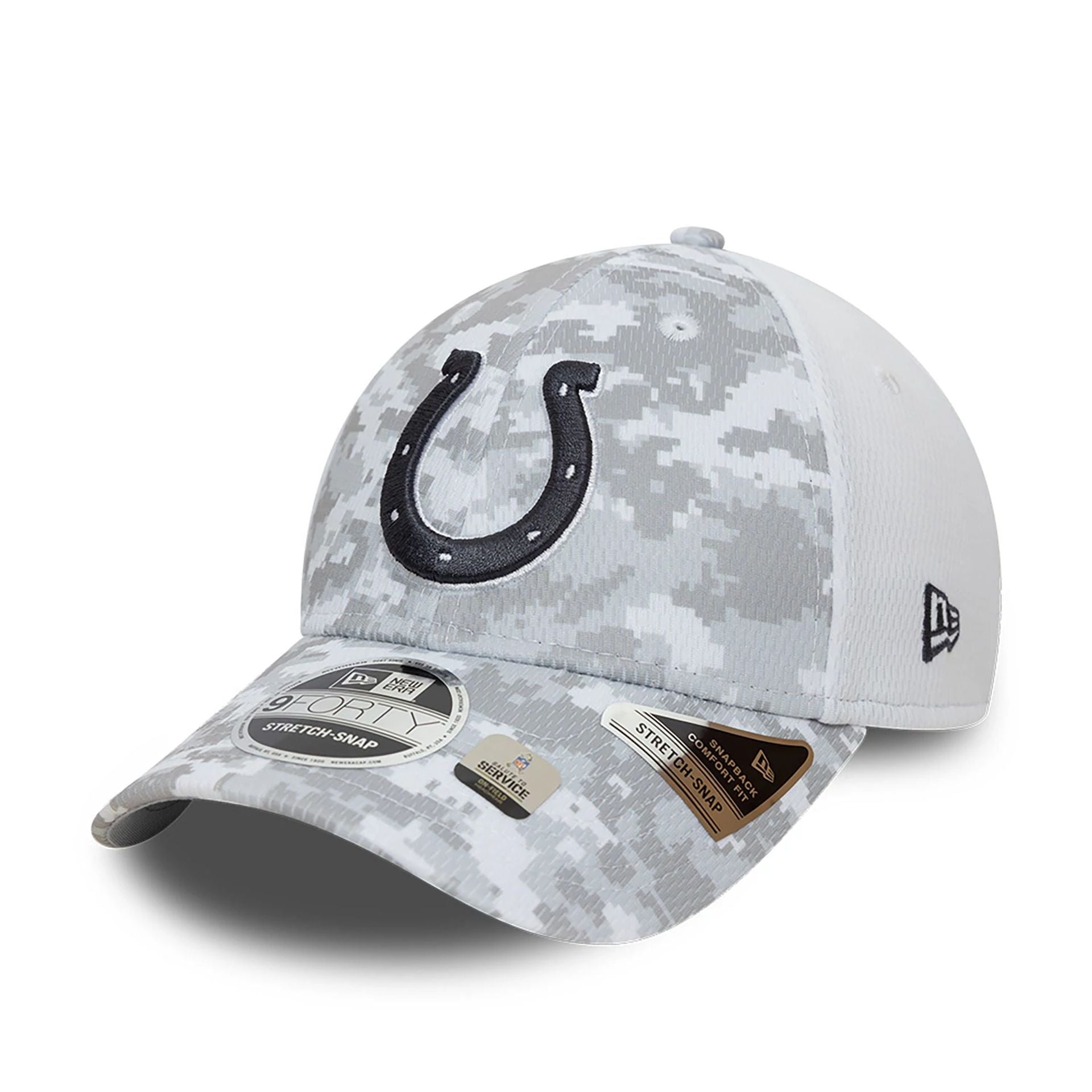 This is a Indianapolis Colts NFL Salute To Service 2024 White 9FORTY Stretch Snap Adjustable Cap 4