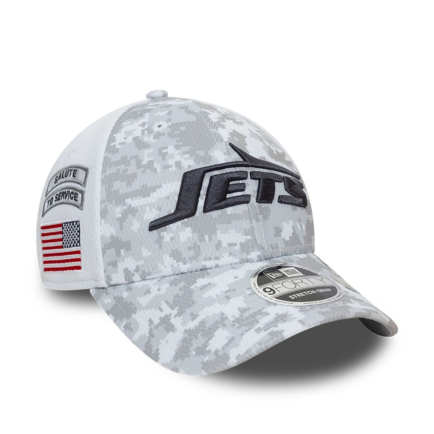 This is a New York Jets NFL Salute To Service 2024 White 9FORTY Stretch Snap Adjustable Cap 1