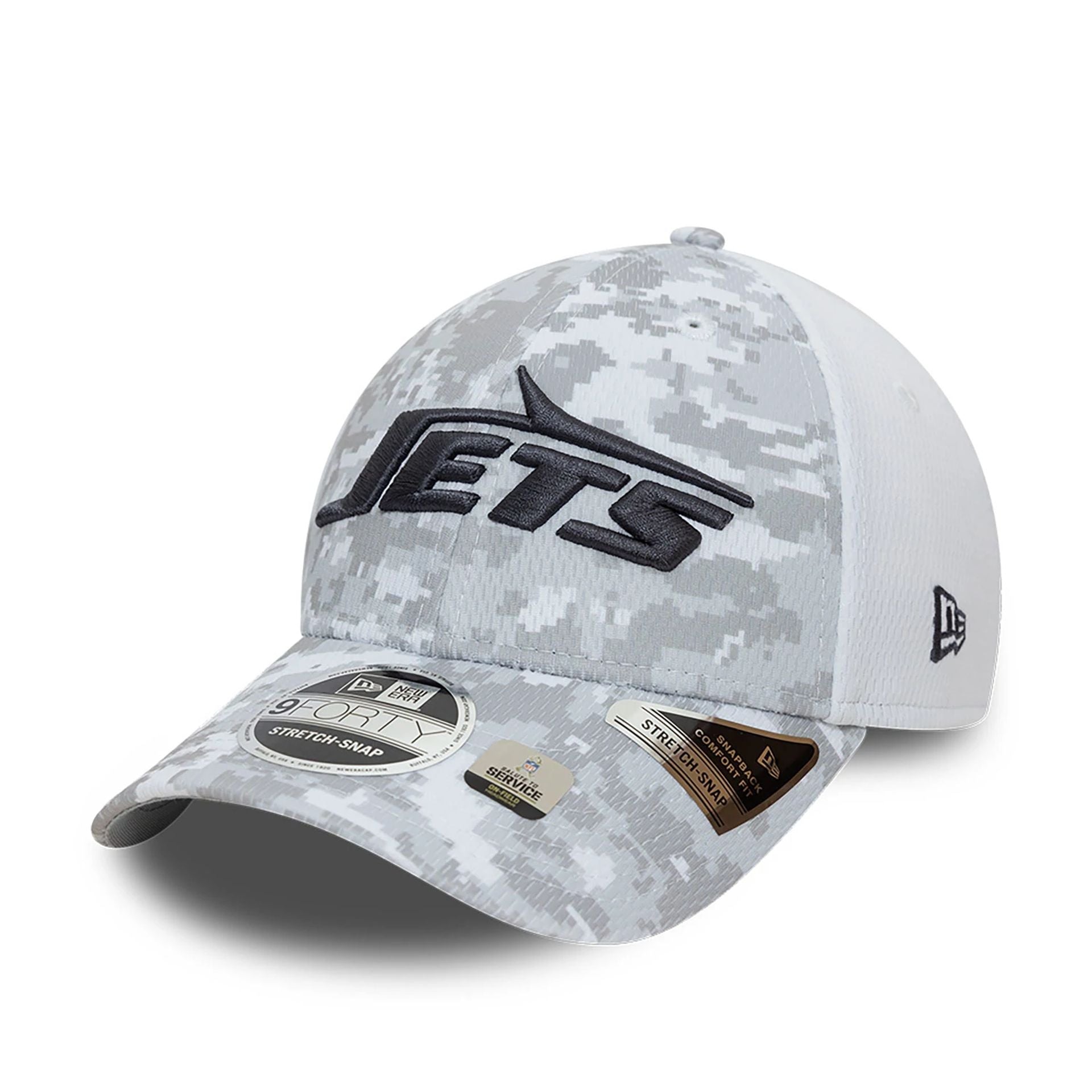 This is a New York Jets NFL Salute To Service 2024 White 9FORTY Stretch Snap Adjustable Cap 4