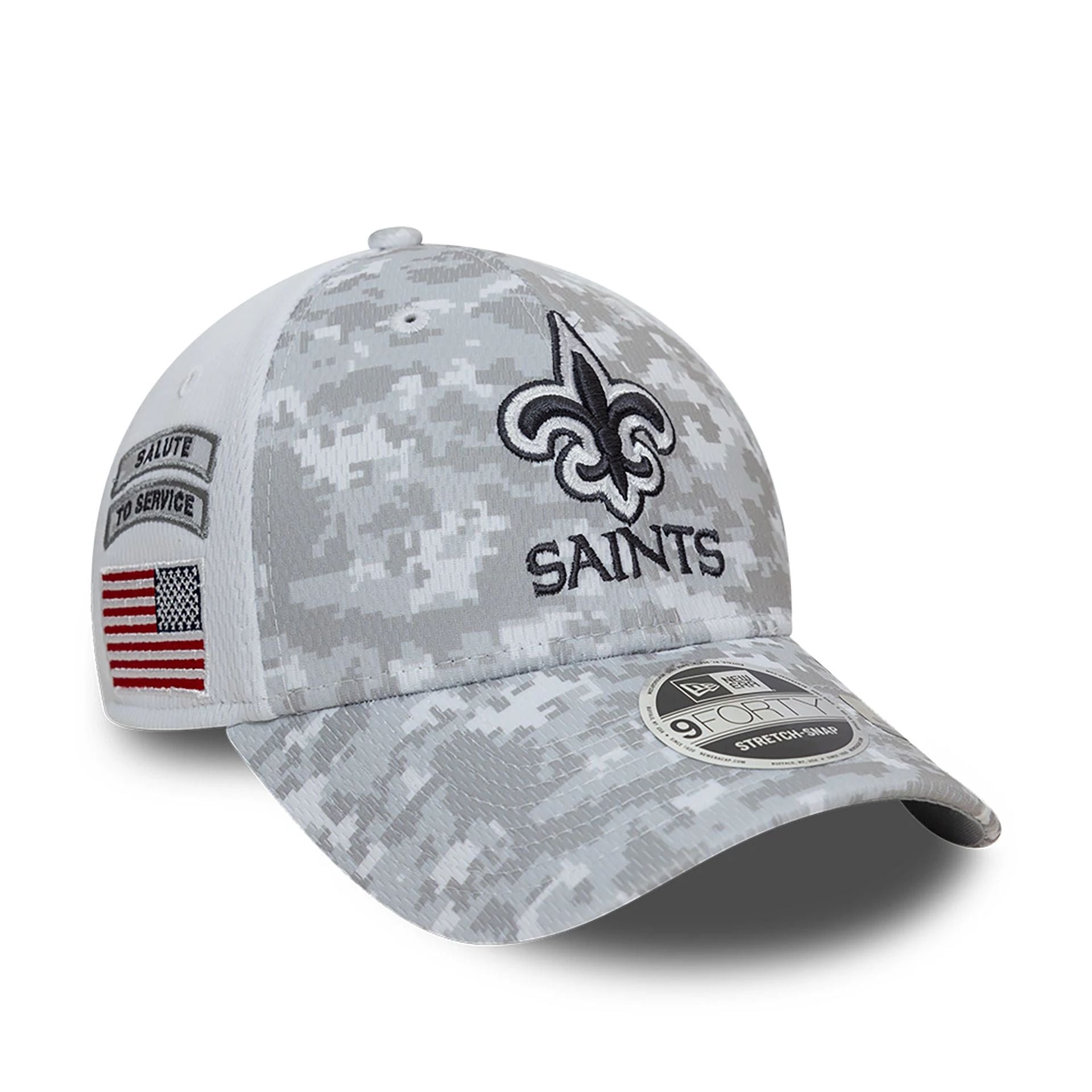 This is a New Orleans Saints NFL Salute To Service 2024 White 9FORTY Stretch Snap Adjustable Cap 1