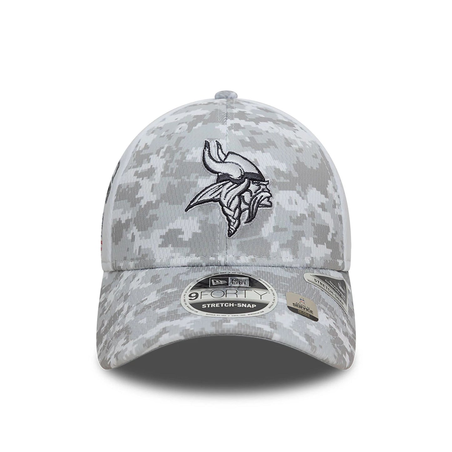 This is a Minnesota Vikings NFL Salute To Service 2024 White 9FORTY Stretch Snap Adjustable Cap 3