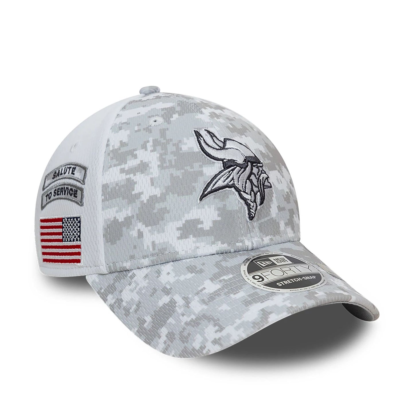 This is a Minnesota Vikings NFL Salute To Service 2024 White 9FORTY Stretch Snap Adjustable Cap 1