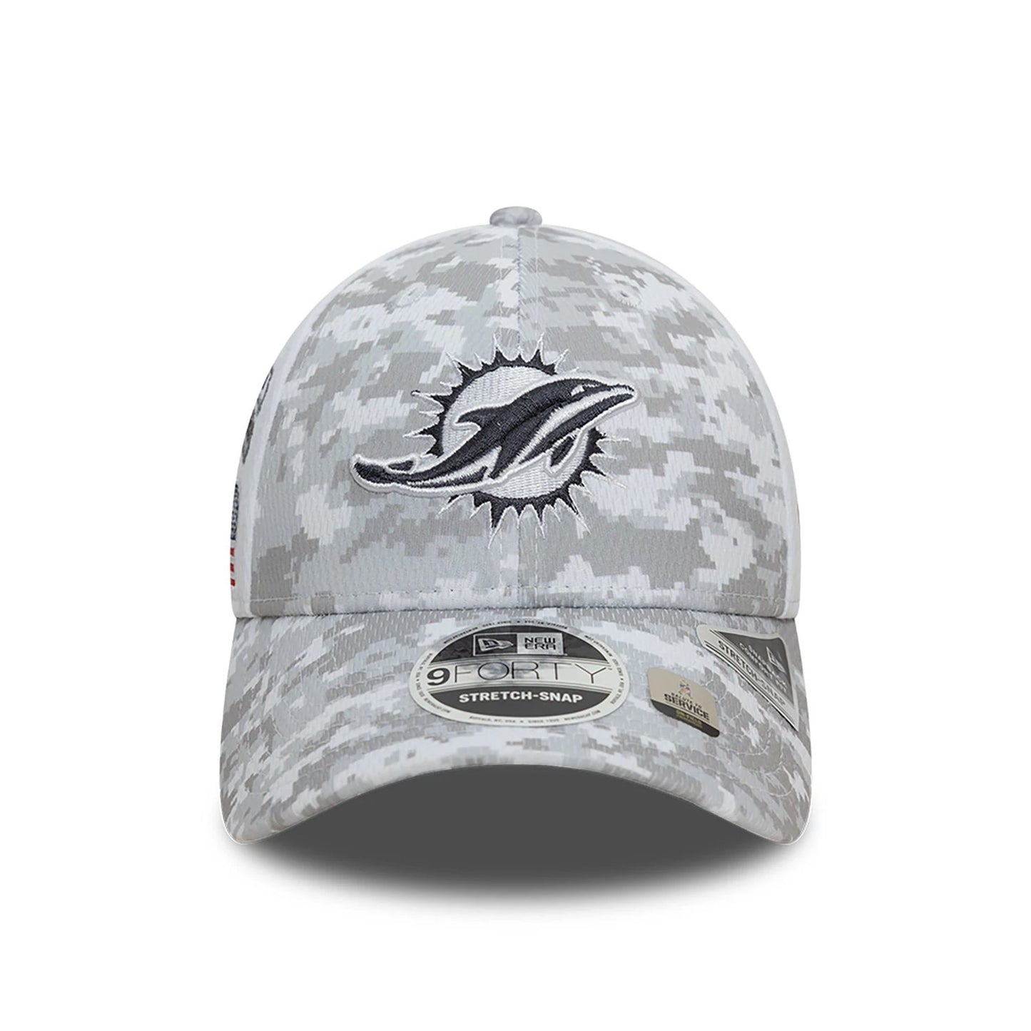 This is a Miami Dolphins NFL Salute To Service 2024 White 9FORTY Stretch Snap Adjustable Cap 3