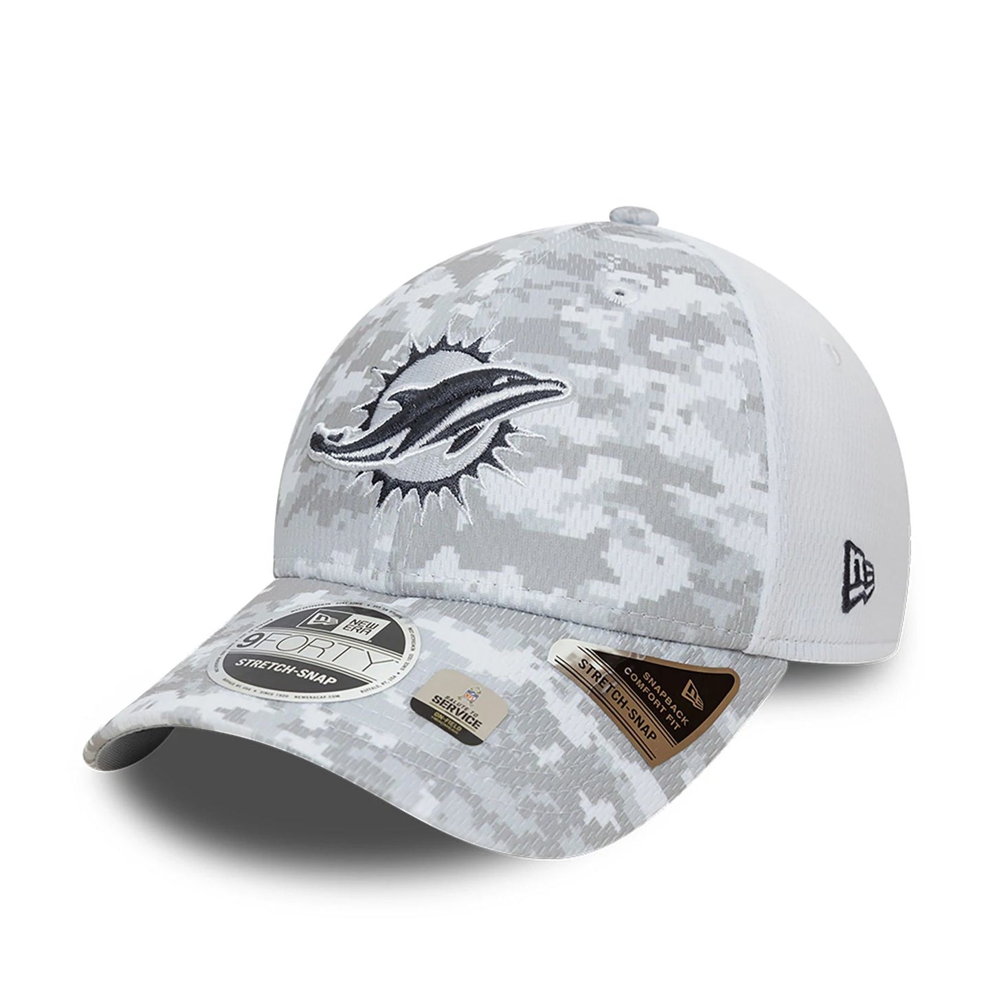 This is a Miami Dolphins NFL Salute To Service 2024 White 9FORTY Stretch Snap Adjustable Cap 4