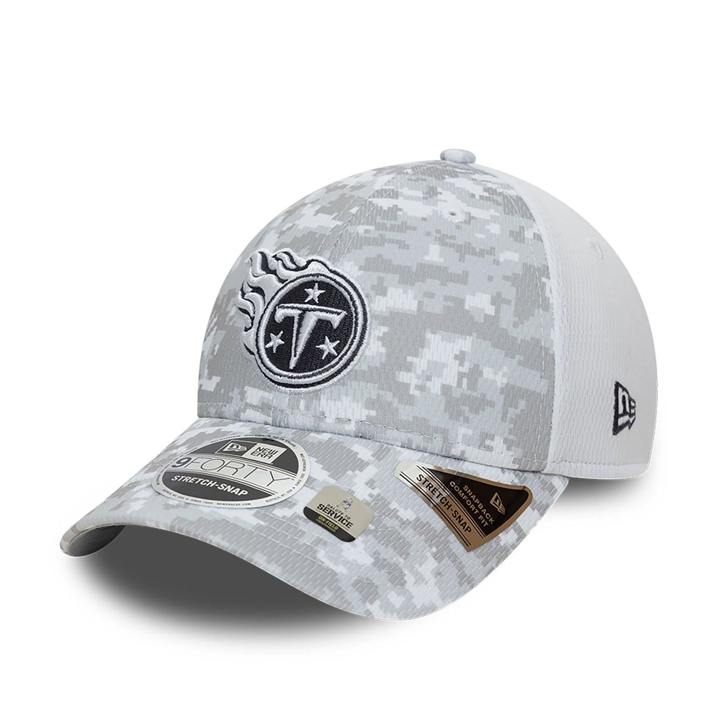 This is a Tennessee Titans NFL Salute To Service 2024 White 9FORTY Stretch Snap Adjustable Cap 4