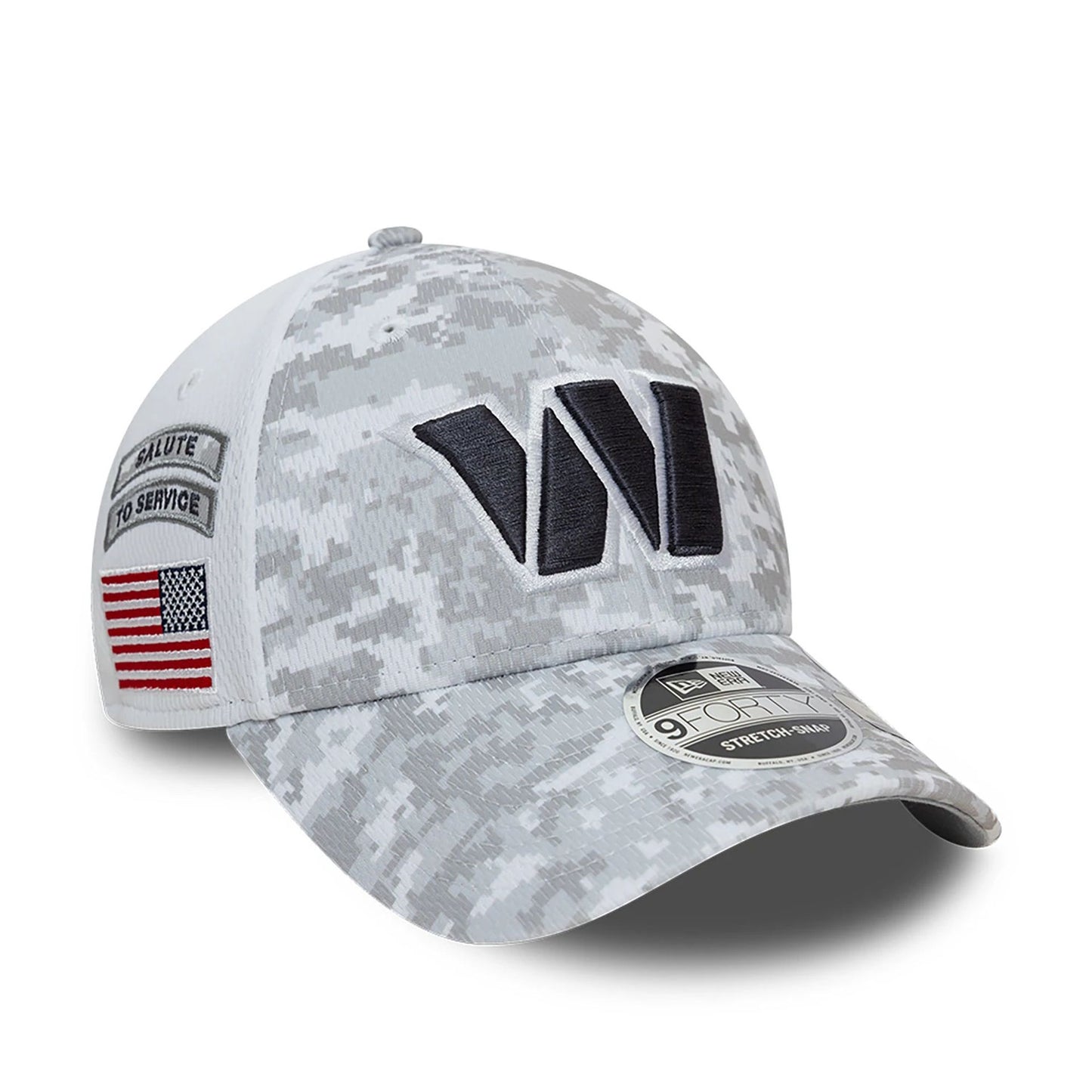 This is a Washington Commanders NFL Salute To Service 2024 White 9FORTY Stretch Snap Adjustable Cap 1