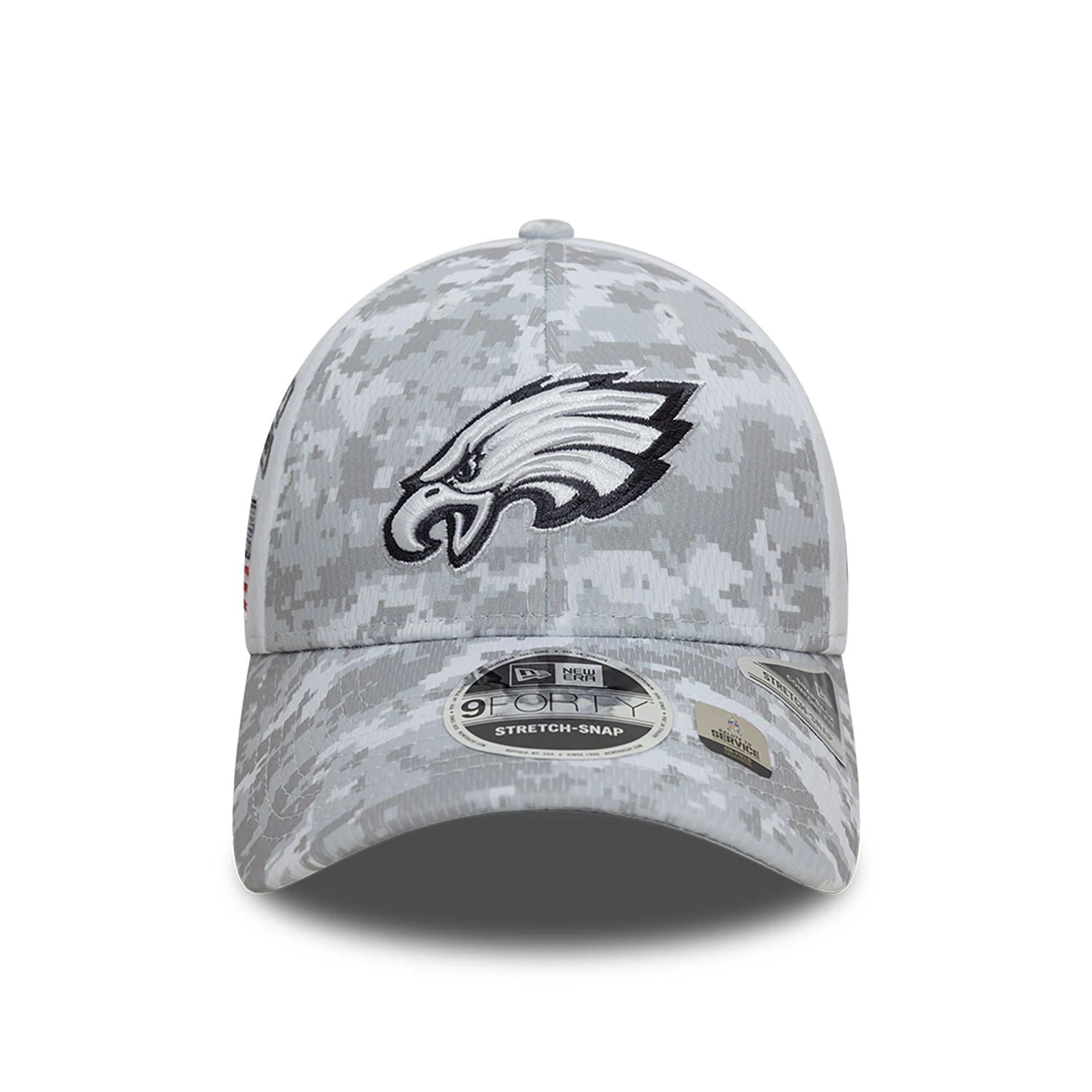 This is a Philadelphia Eagles NFL Salute To Service 2024 White 9FORTY Stretch Snap Adjustable Cap 3