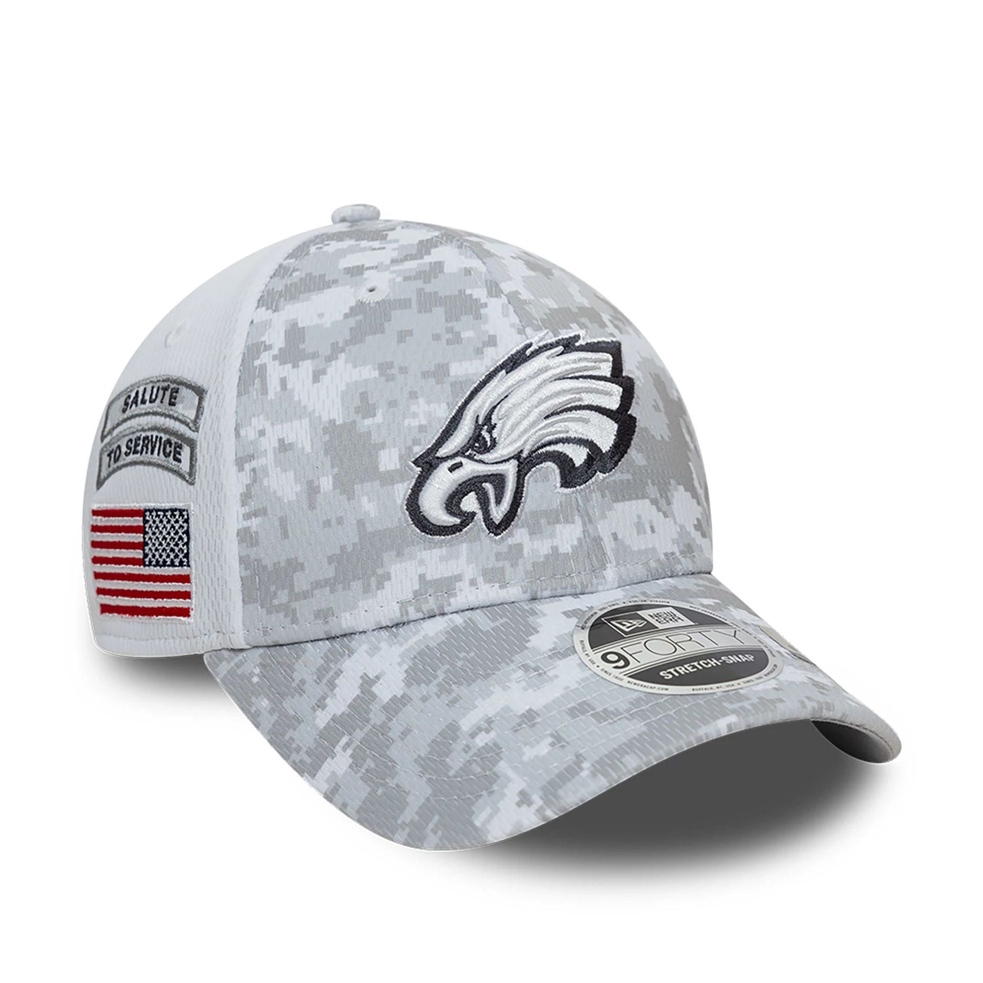 This is a Philadelphia Eagles NFL Salute To Service 2024 White 9FORTY Stretch Snap Adjustable Cap 1