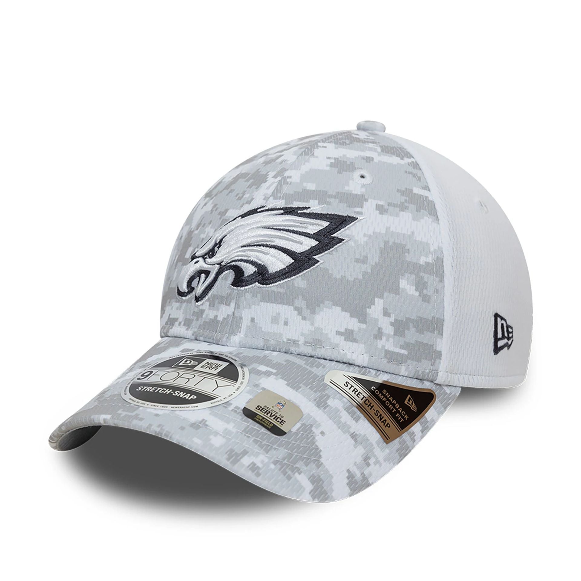 This is a Philadelphia Eagles NFL Salute To Service 2024 White 9FORTY Stretch Snap Adjustable Cap 4