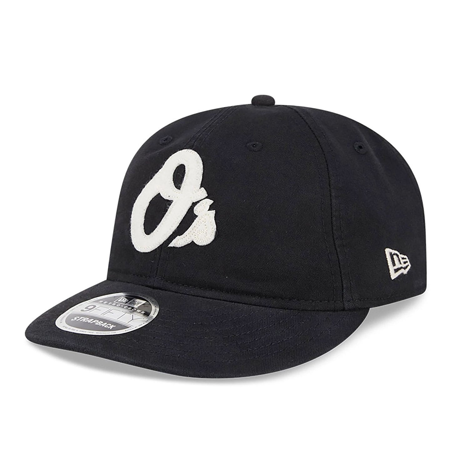 This is a Baltimore Orioles Canvas Felt Logo Black Retro Crown 9FIFTY Strapback Cap 1