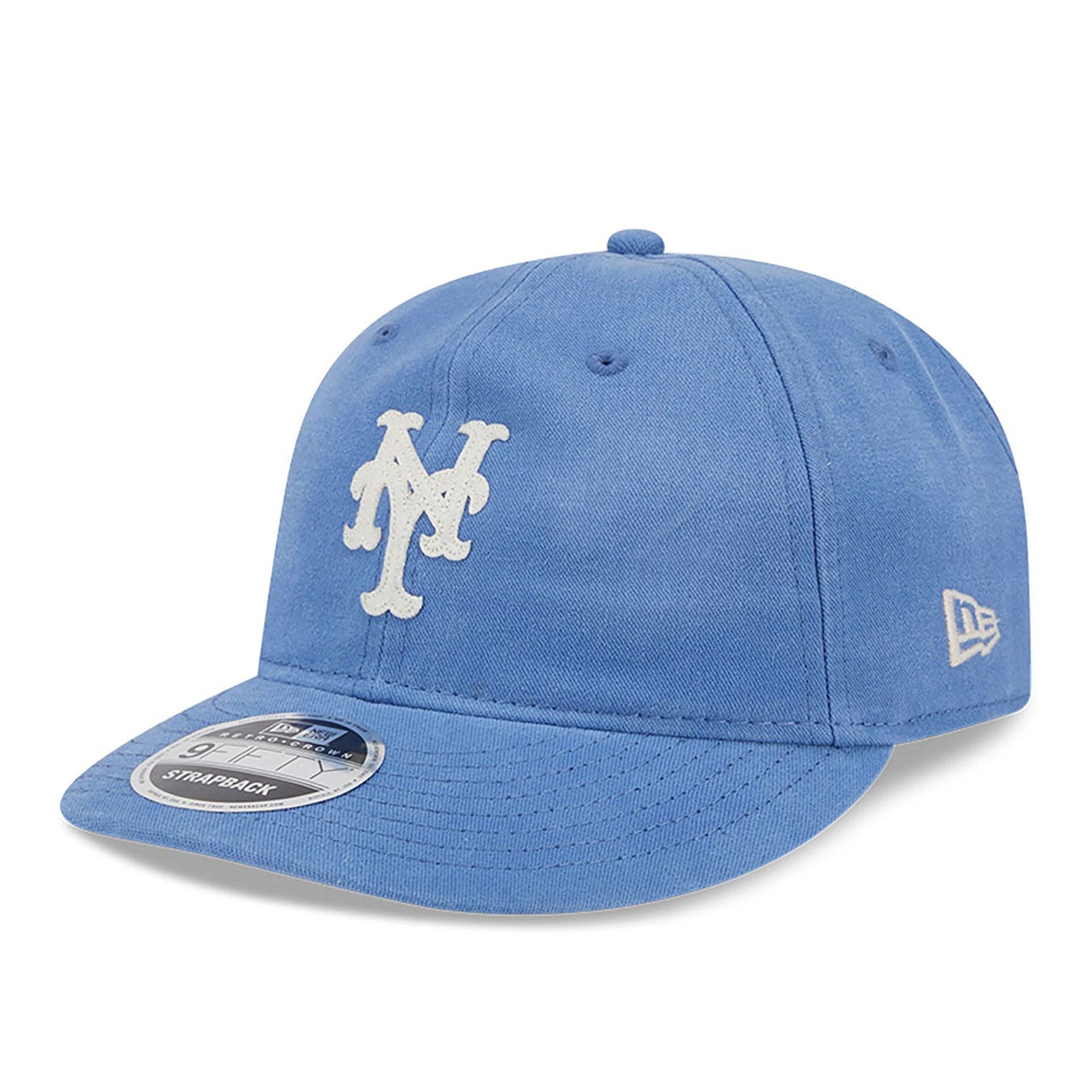 This is a New York Mets Canvas Felt Logo Blue Retro Crown 9FIFTY Strapback Cap 1