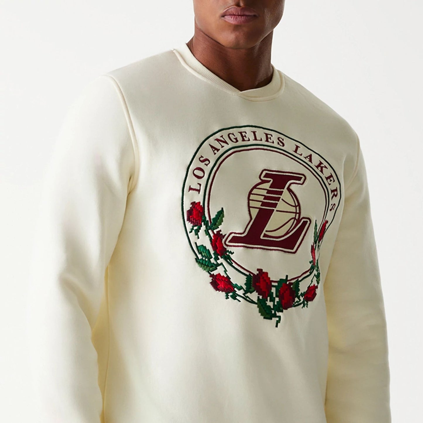 The Male model is wearing LA Lakers Red Roses White Crewneck Sweater 5