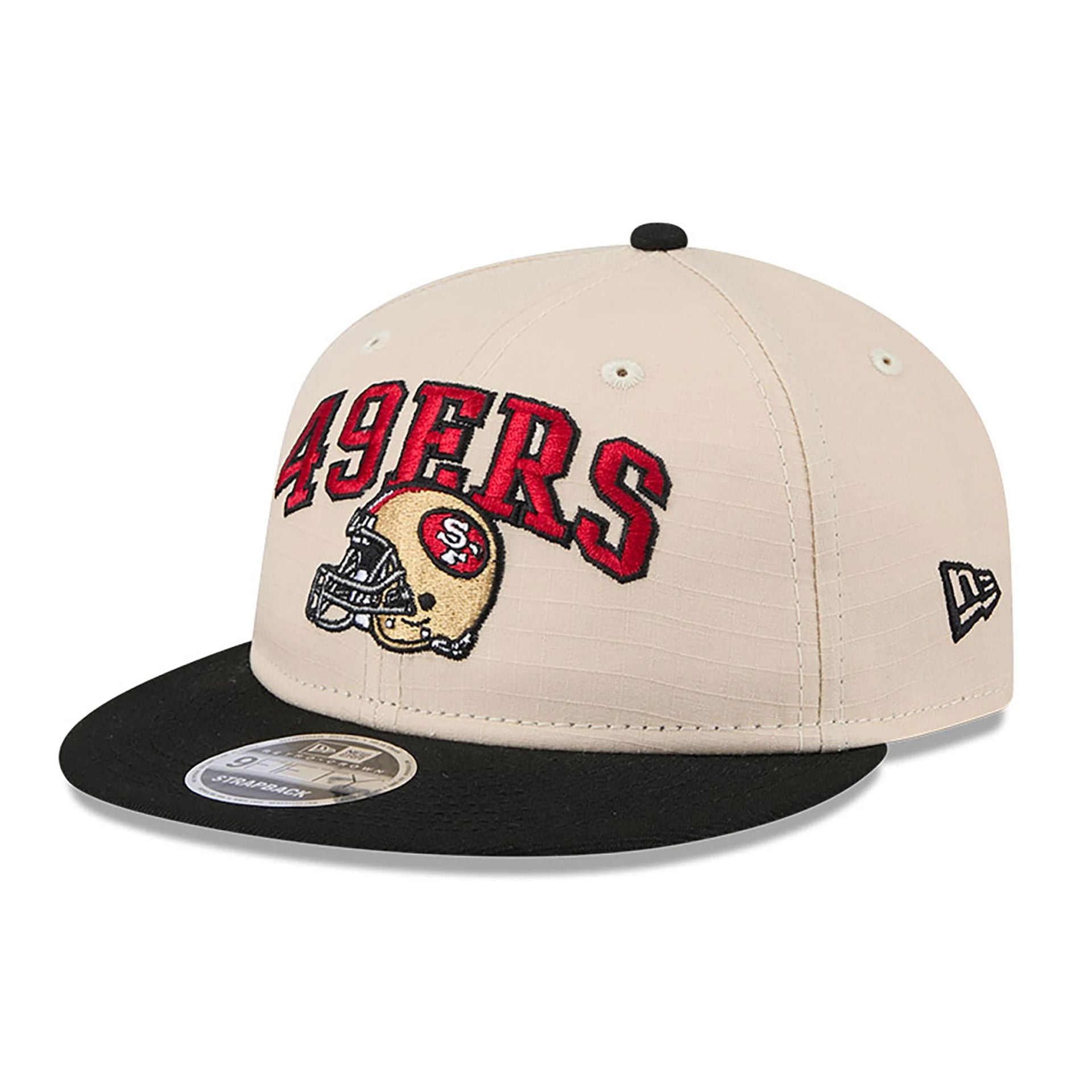 This is a San Francisco 49ers Historic Helmet beige Retro Crown 9FIFTY Snapback Cap 1