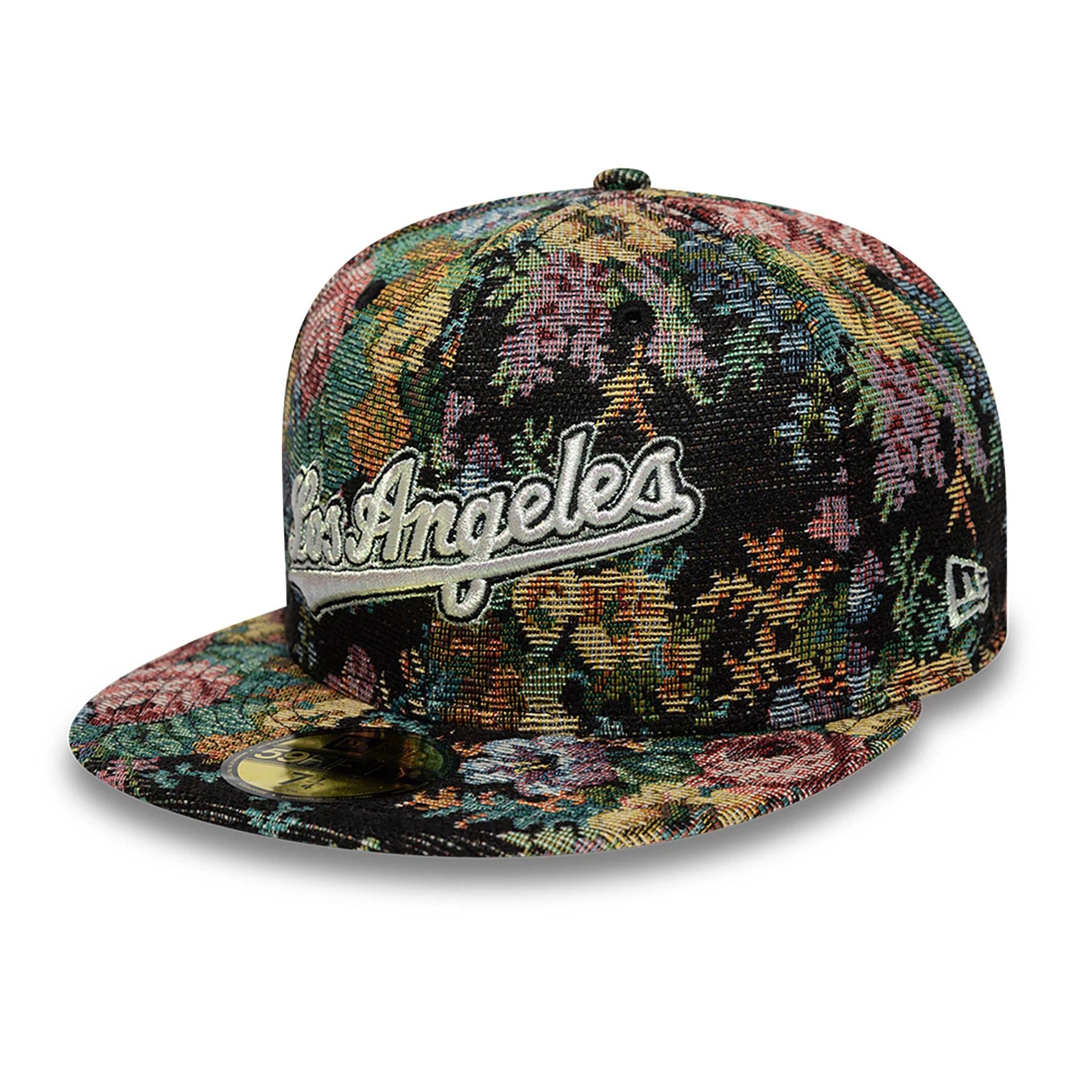 This is a LA Dodgers Jacquard Patterns All Over Print Black 59FIFTY Fitted Cap 1