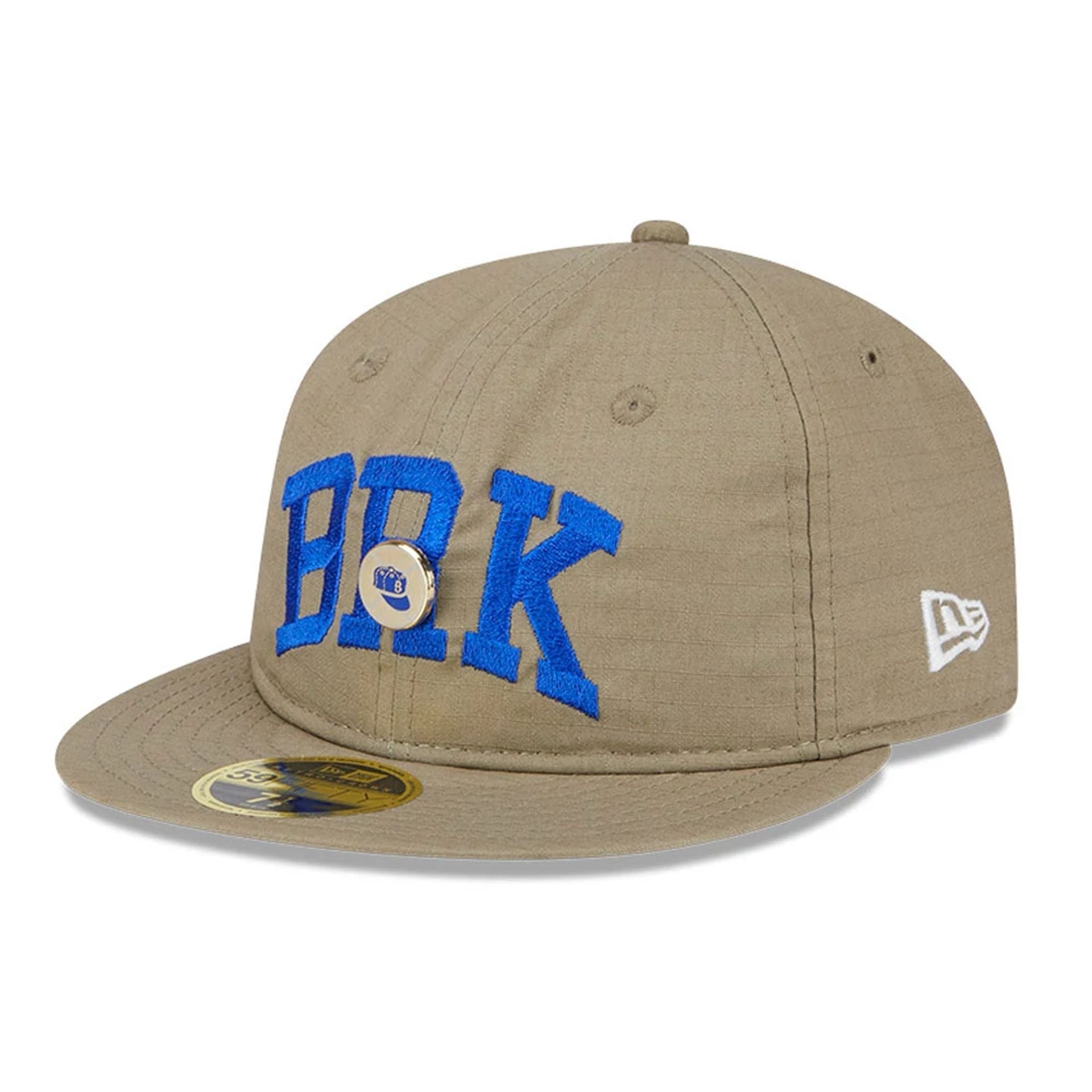 This is a Brooklyn Dodgers Logo Pin Khaki Retro Crown 59FIFTY Fitted Cap 1