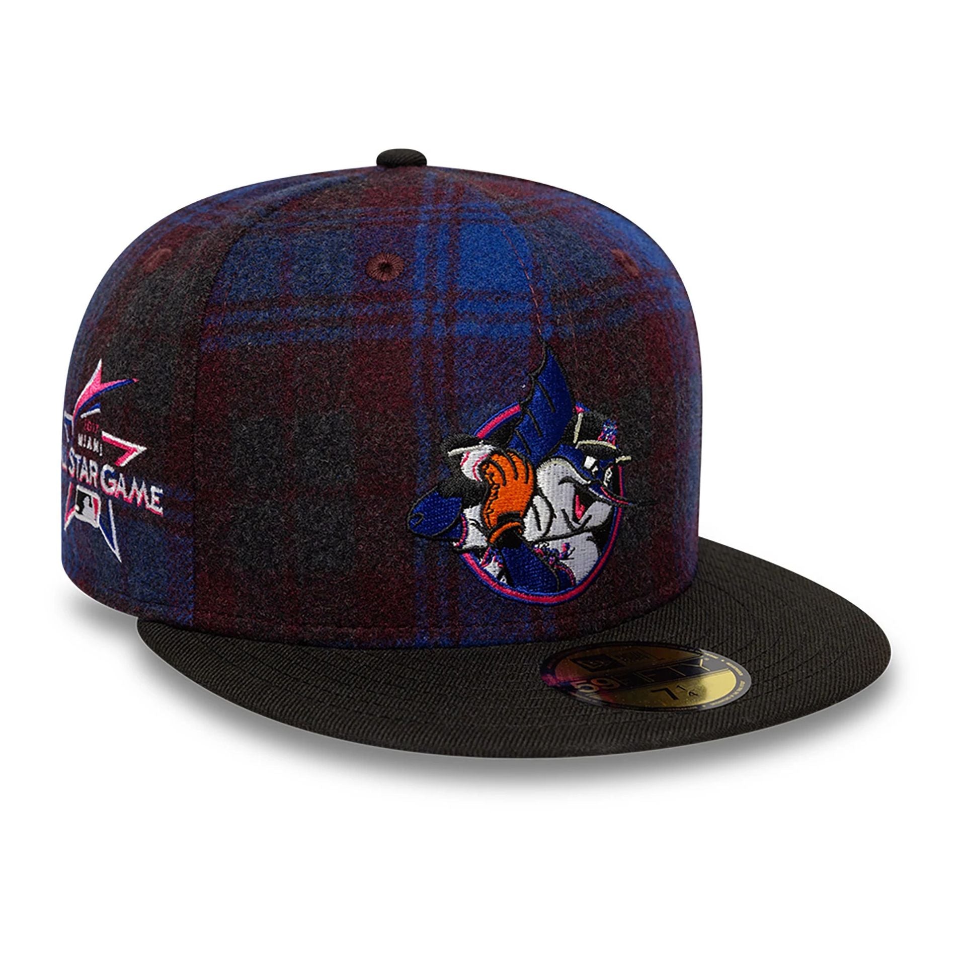 This is a Miami Marlins Mascot Plaid Purple 59FIFTY Fitted Cap 1