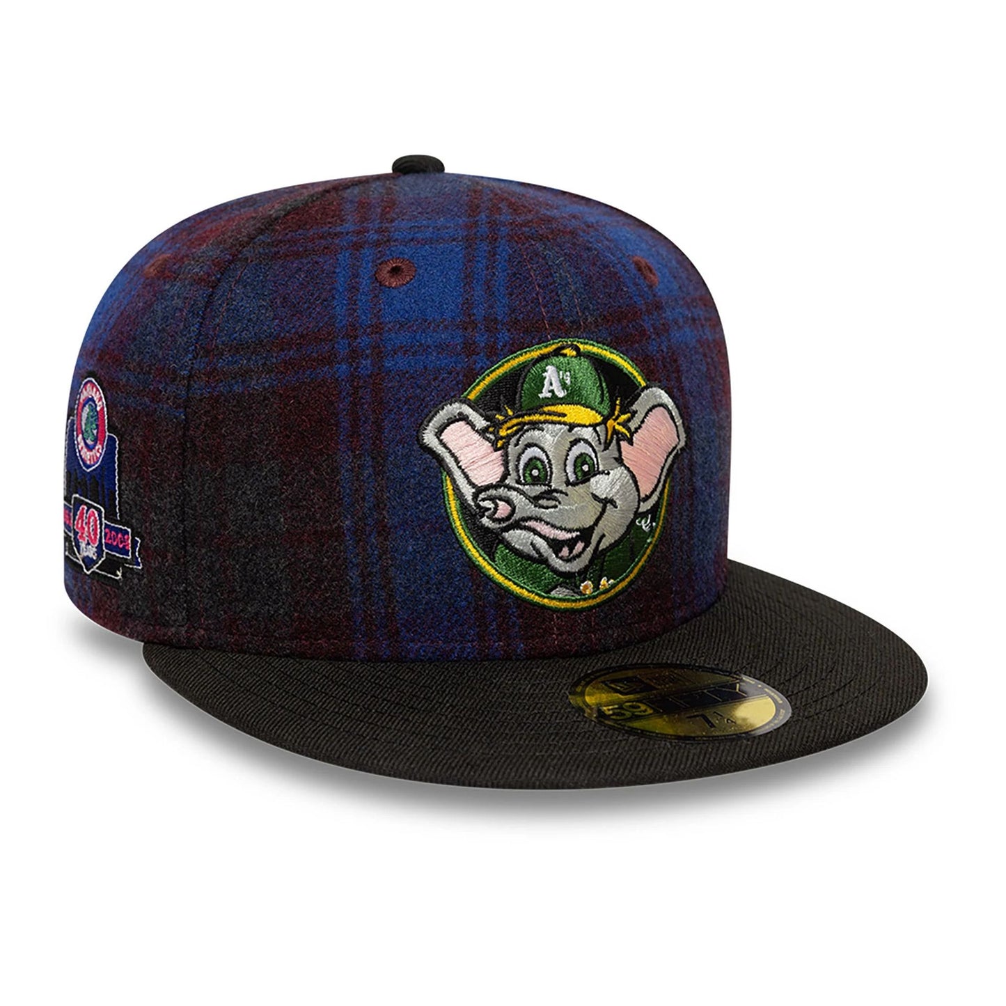 This is a Oakland Athletics Mascot Plaid Open Purple 59FIFTY Fitted Cap 1