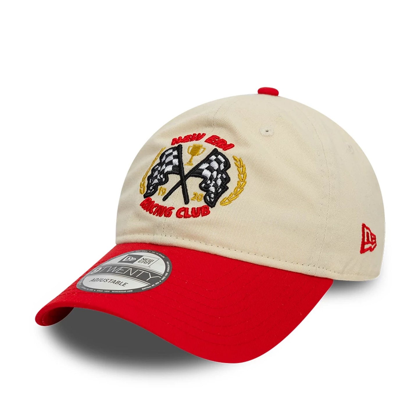 This is a New Era Racing Light Beige 9TWENTY Adjustable Cap 1