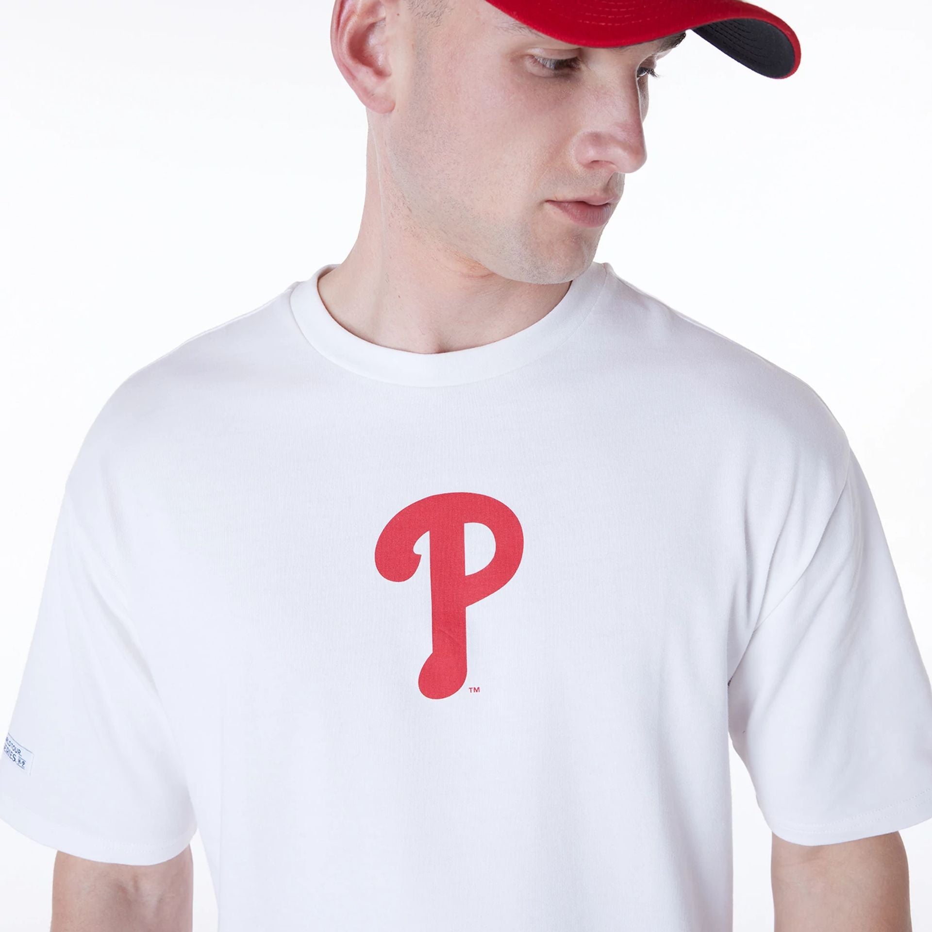 The Male model is wearing Philadelphia Phillies MLB London Games 2024 White Oversized T-Shirt 7