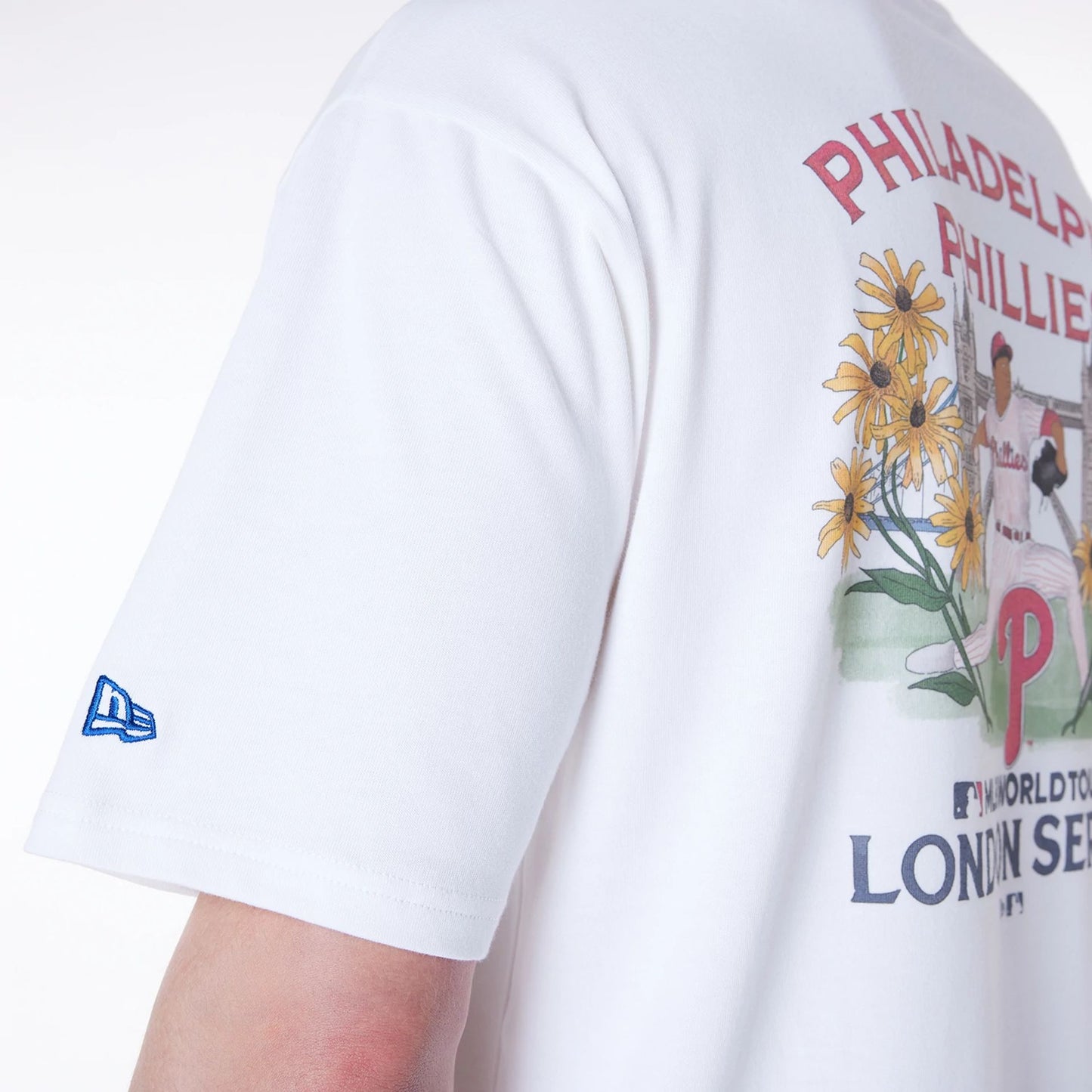 The Male model is wearing Philadelphia Phillies MLB London Games 2024 White Oversized T-Shirt 6